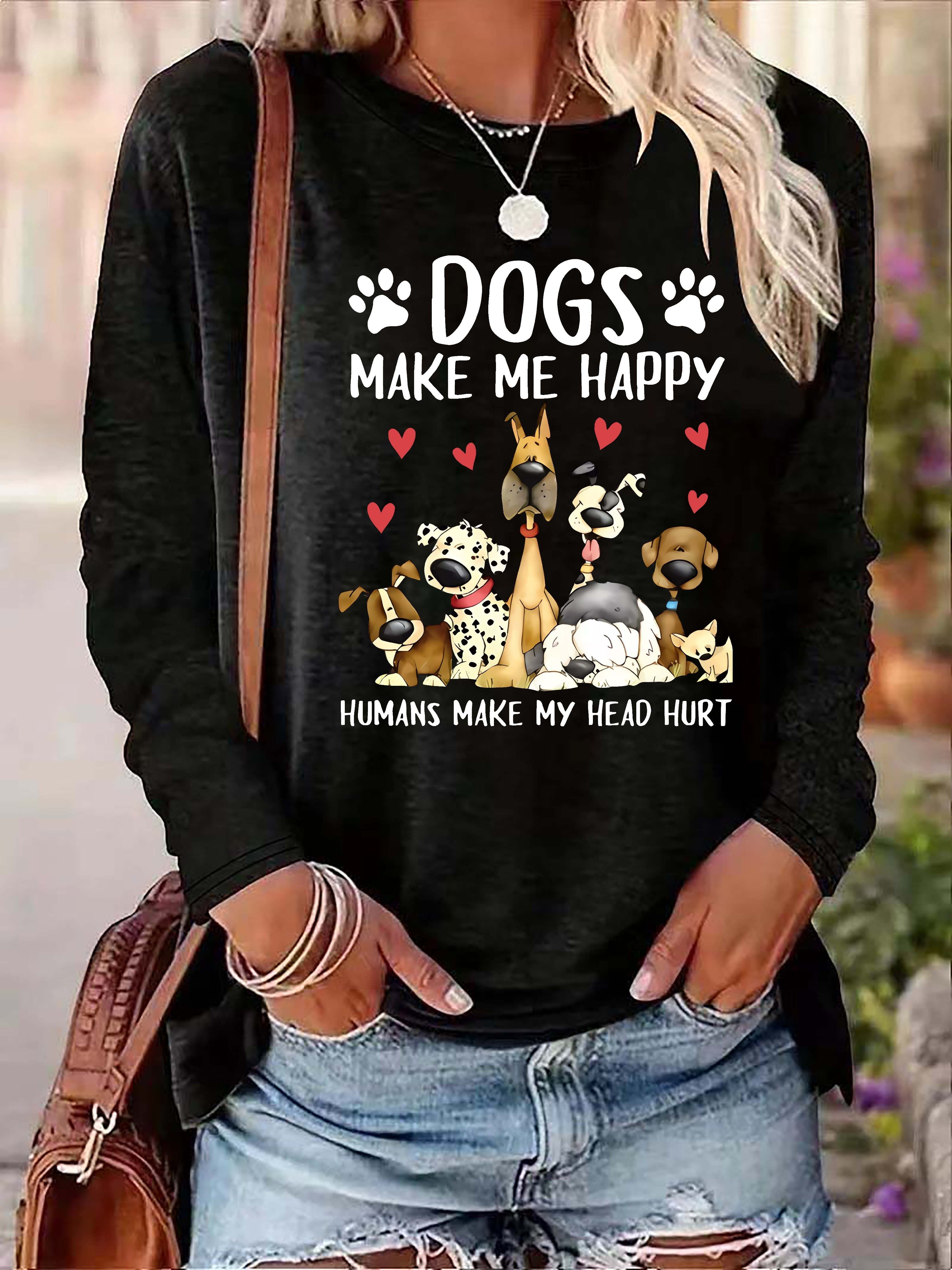 dog letter print crew neck t shirt casual long sleeve top for spring fall womens clothing details 6