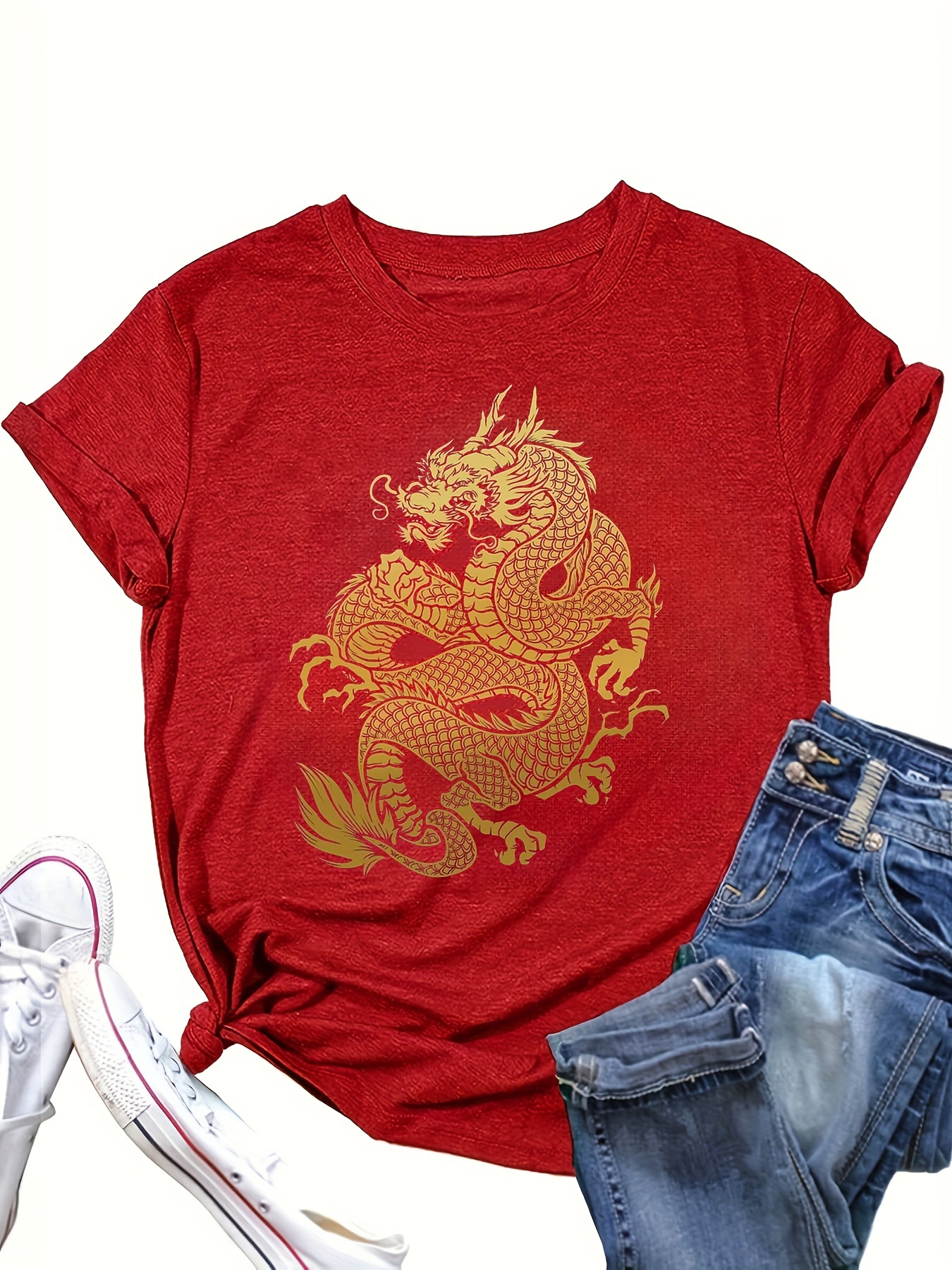 dragon print crew neck t shirt casual short sleeve top for spring summer womens clothing details 1