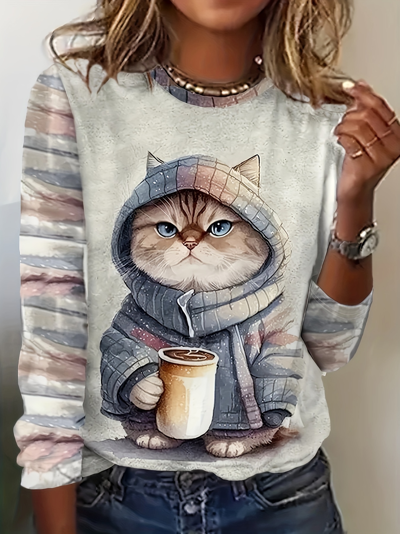 cat print crew neck t shirt causal long sleeve top for spring fall womens clothing details 6