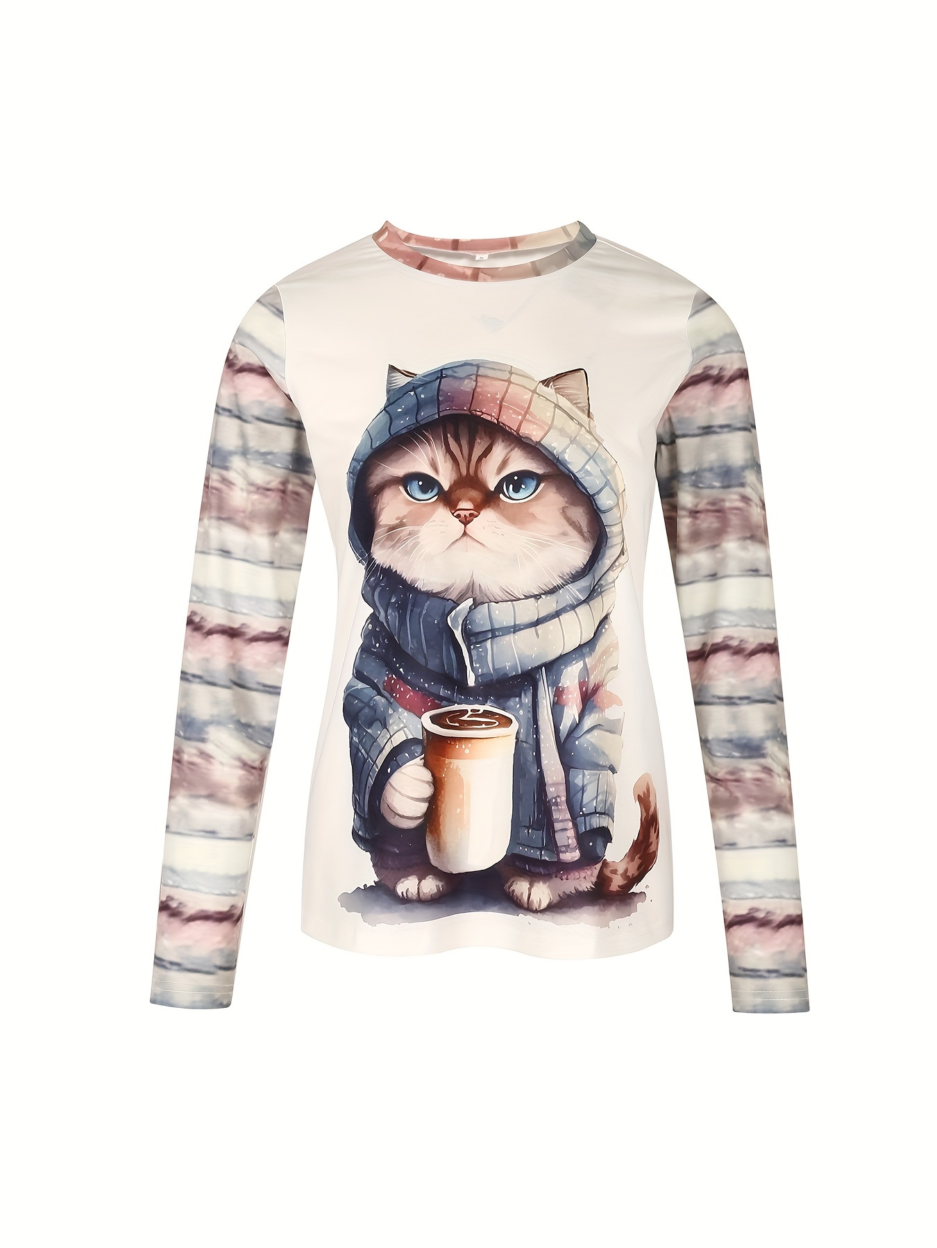 cat print crew neck t shirt causal long sleeve top for spring fall womens clothing details 7