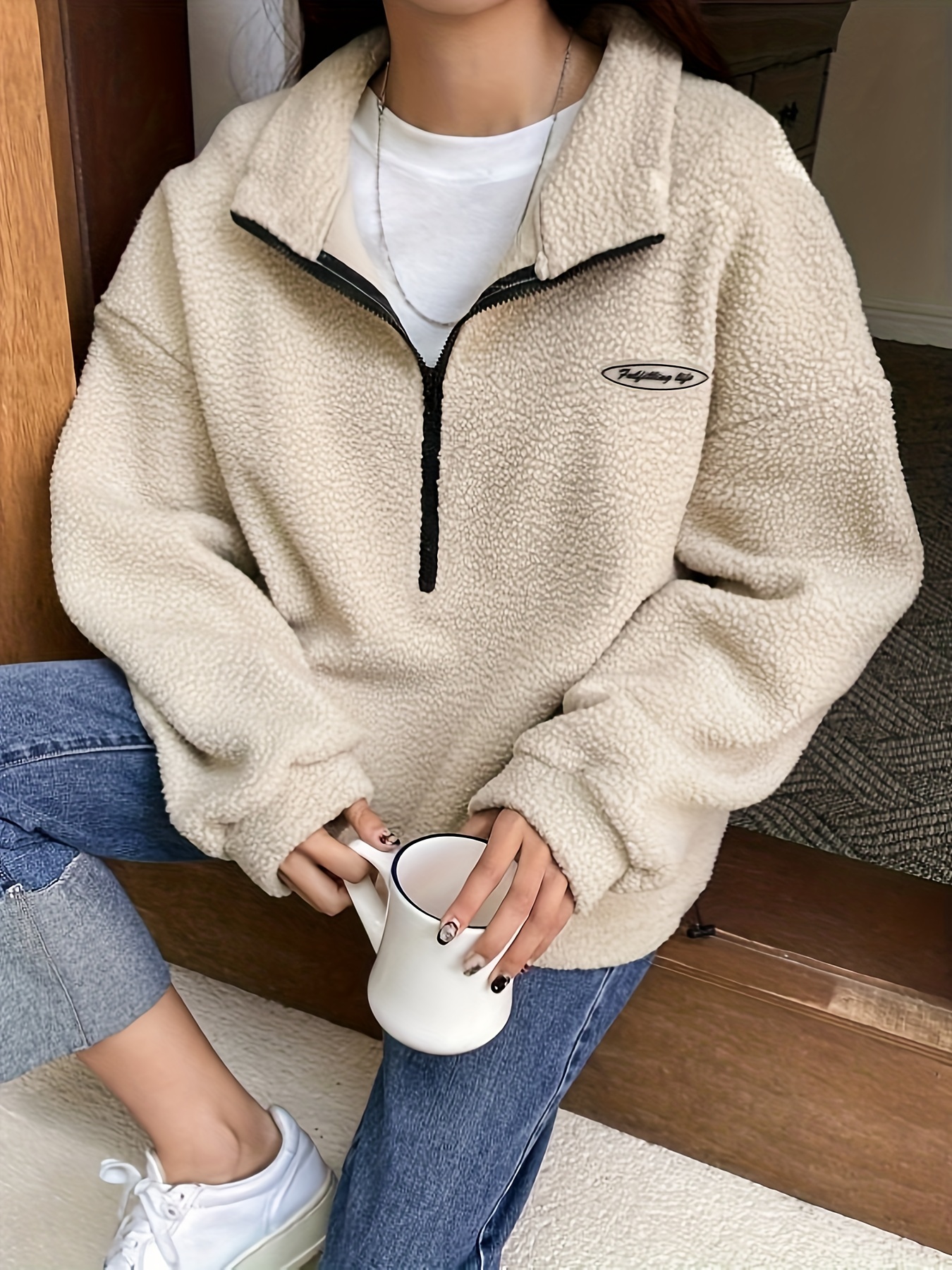 solid zip front plush pullover sweatshirt casual long sleeve sweatshirt womens clothing details 0