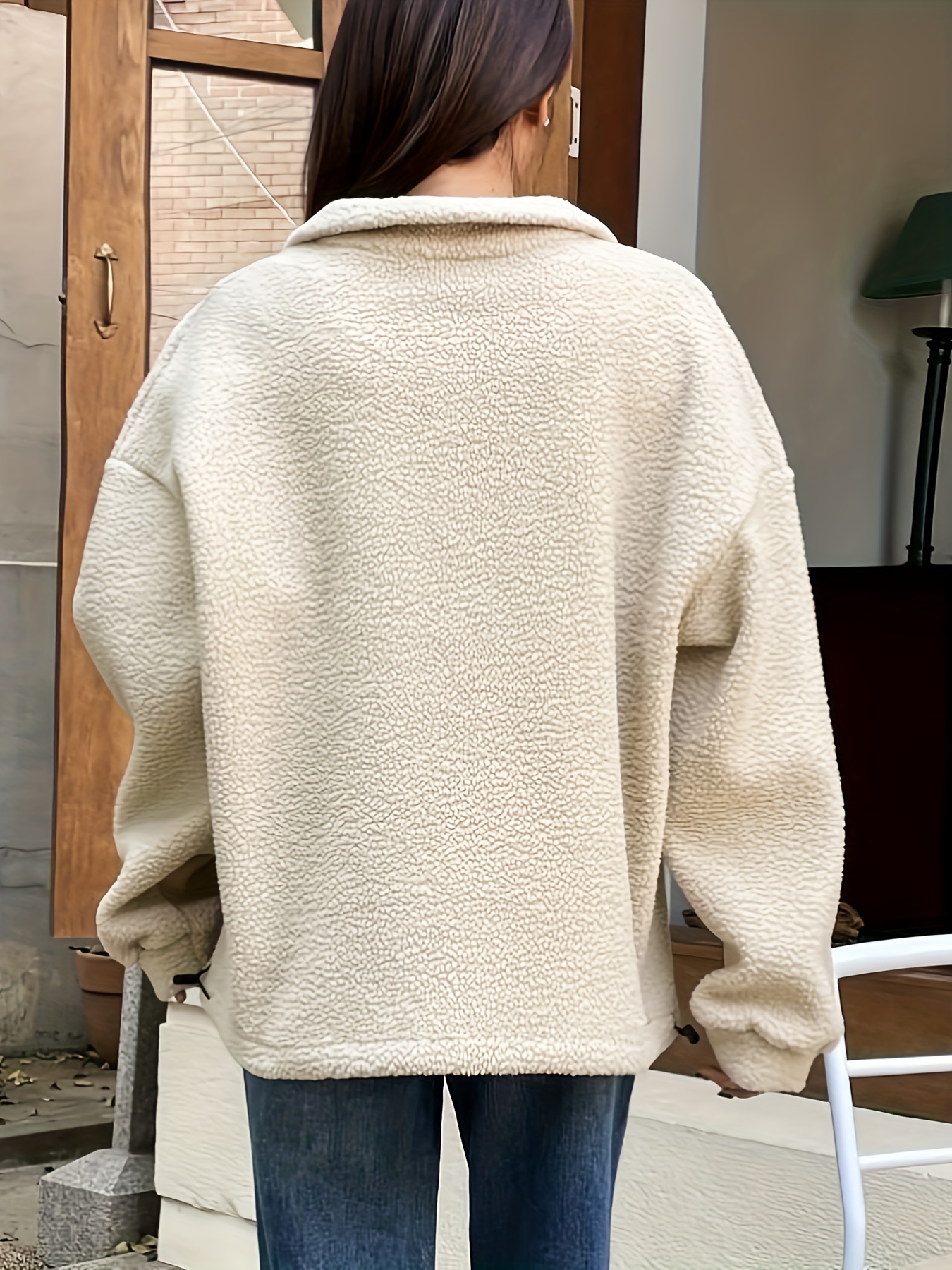 solid zip front plush pullover sweatshirt casual long sleeve sweatshirt womens clothing details 1
