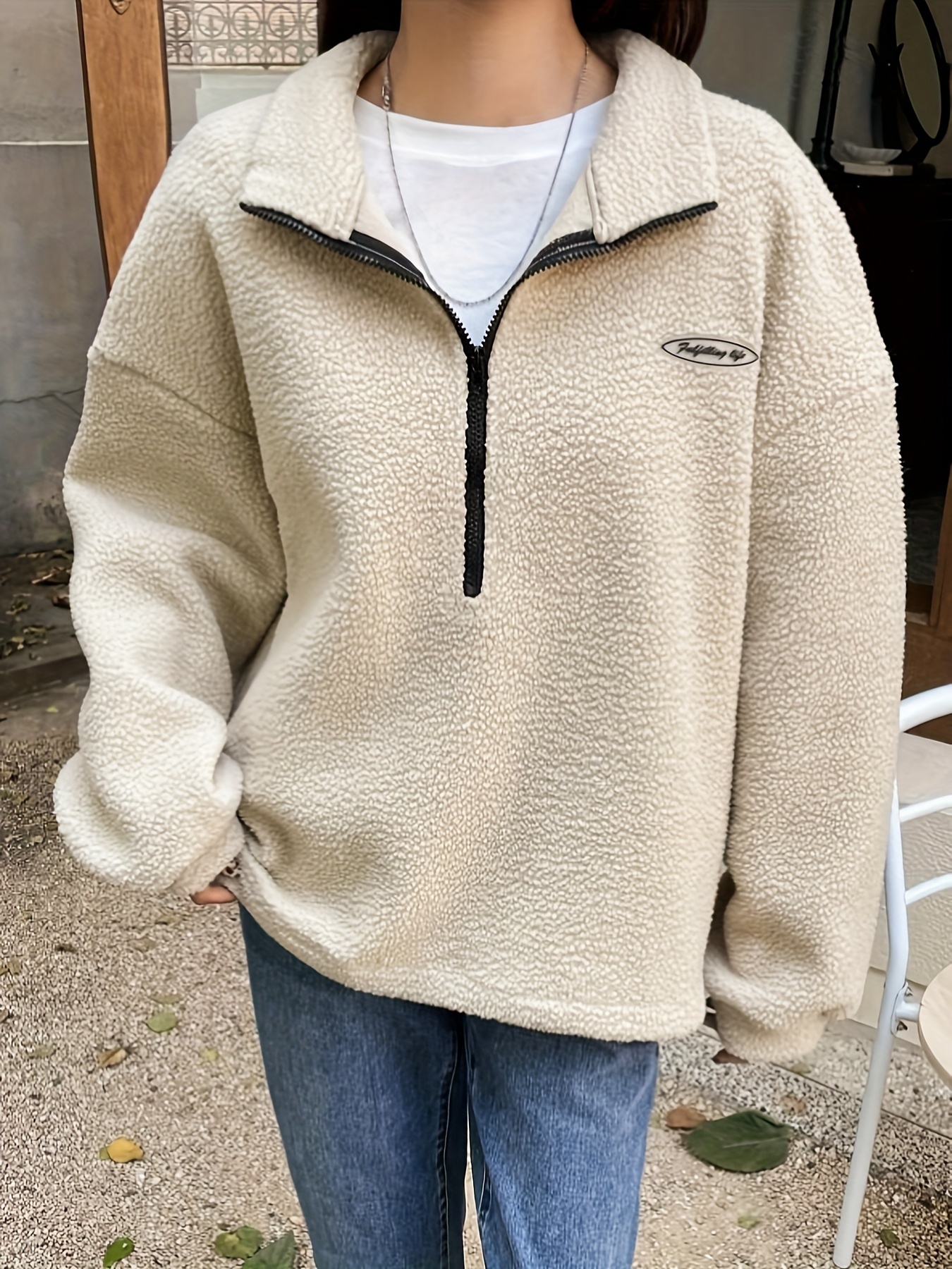 solid zip front plush pullover sweatshirt casual long sleeve sweatshirt womens clothing details 2