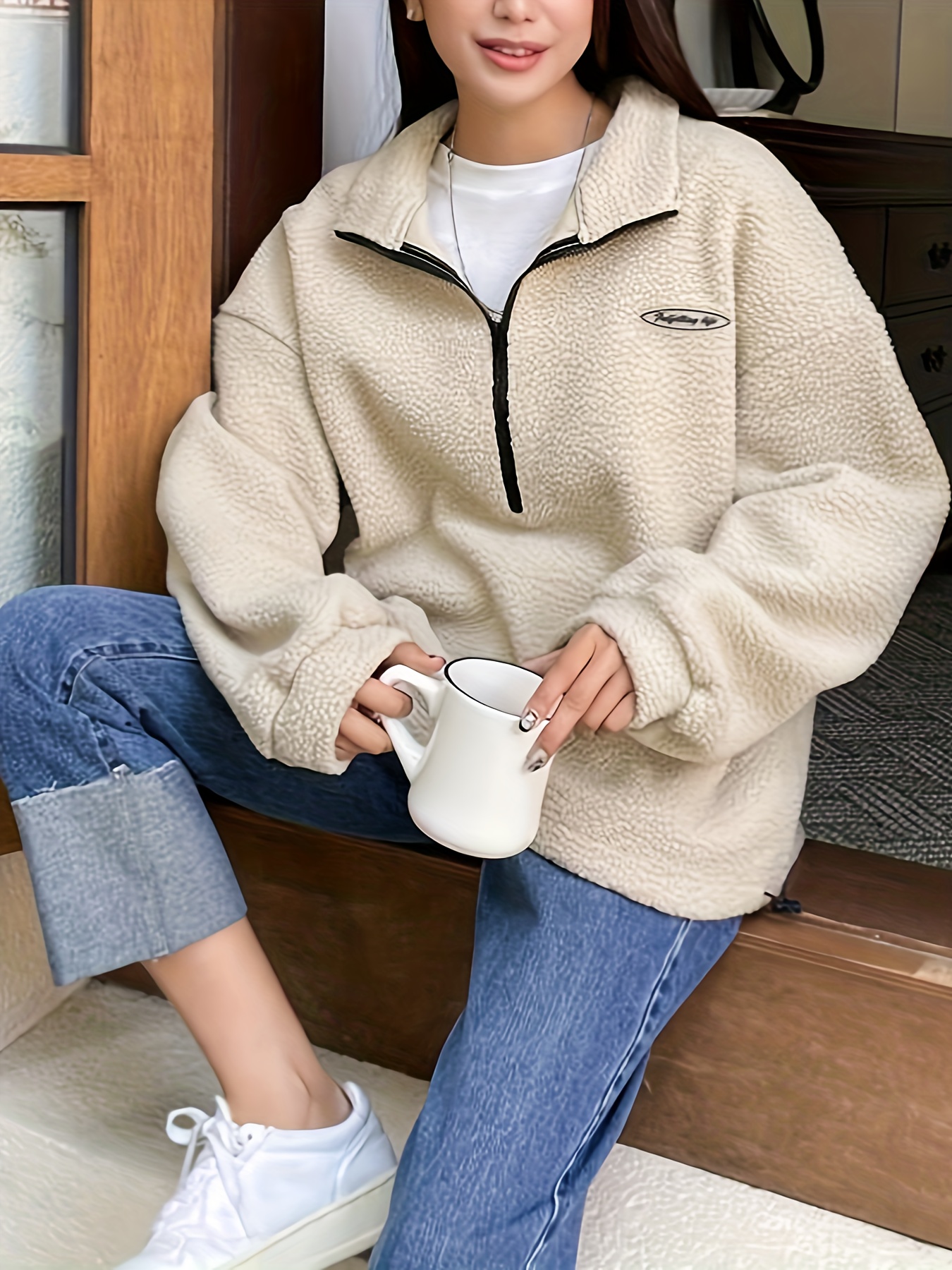 solid zip front plush pullover sweatshirt casual long sleeve sweatshirt womens clothing details 3