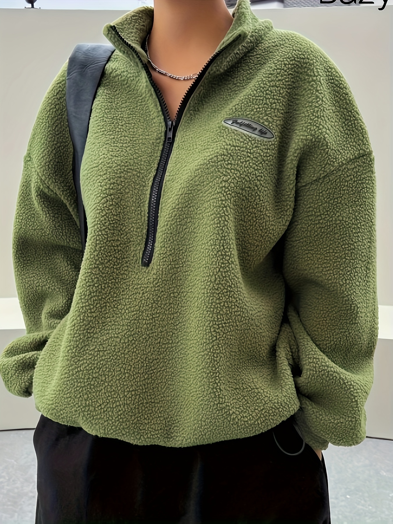 solid zip front plush pullover sweatshirt casual long sleeve sweatshirt womens clothing details 6