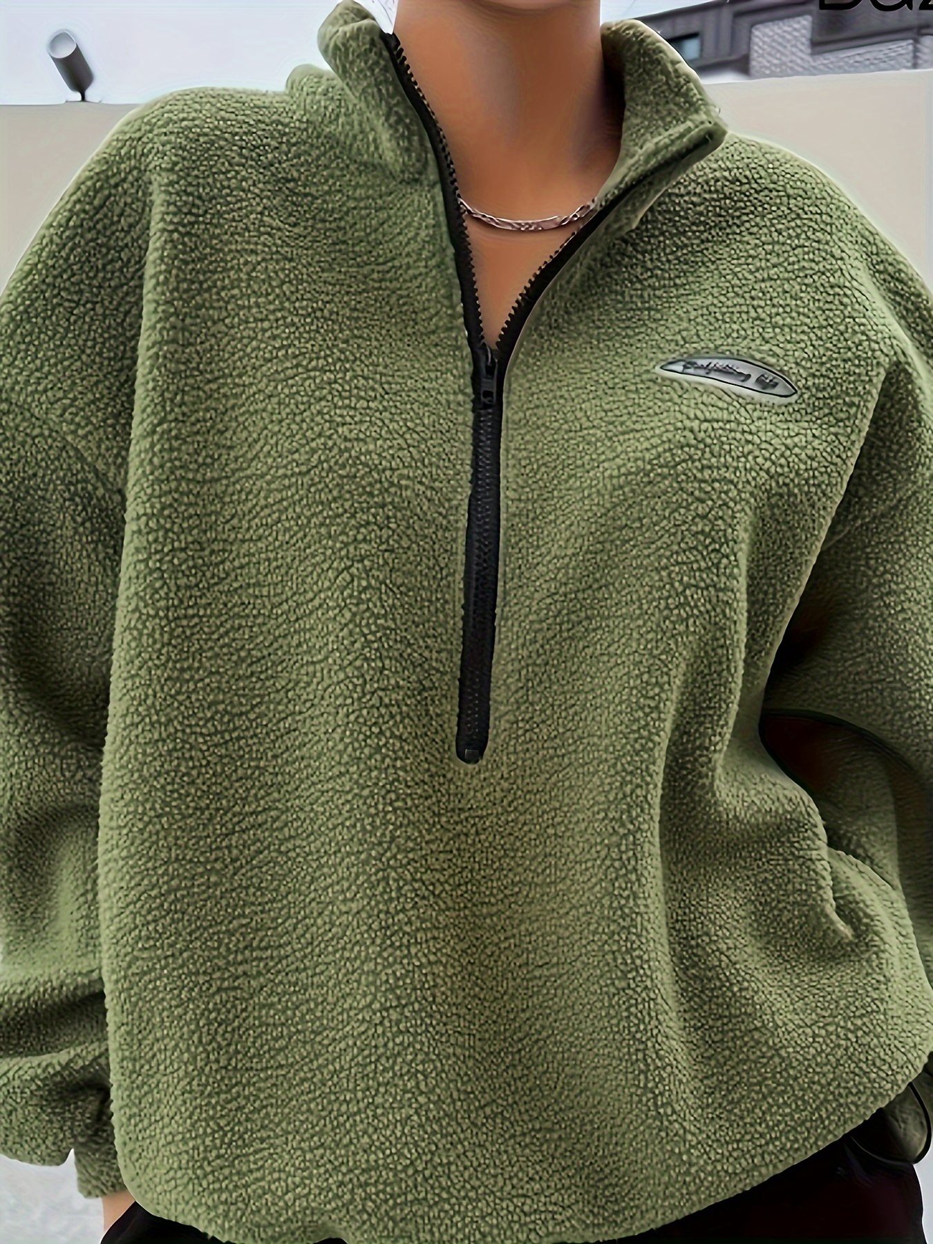 solid zip front plush pullover sweatshirt casual long sleeve sweatshirt womens clothing details 7