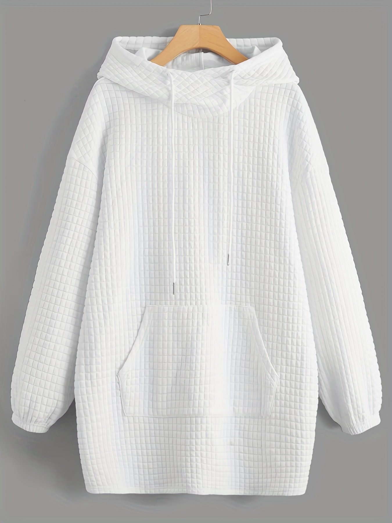 waffle grid kangaroo pocket hoodie casual long sleeve drawstring hoodie sweatshirt womens clothing details 1