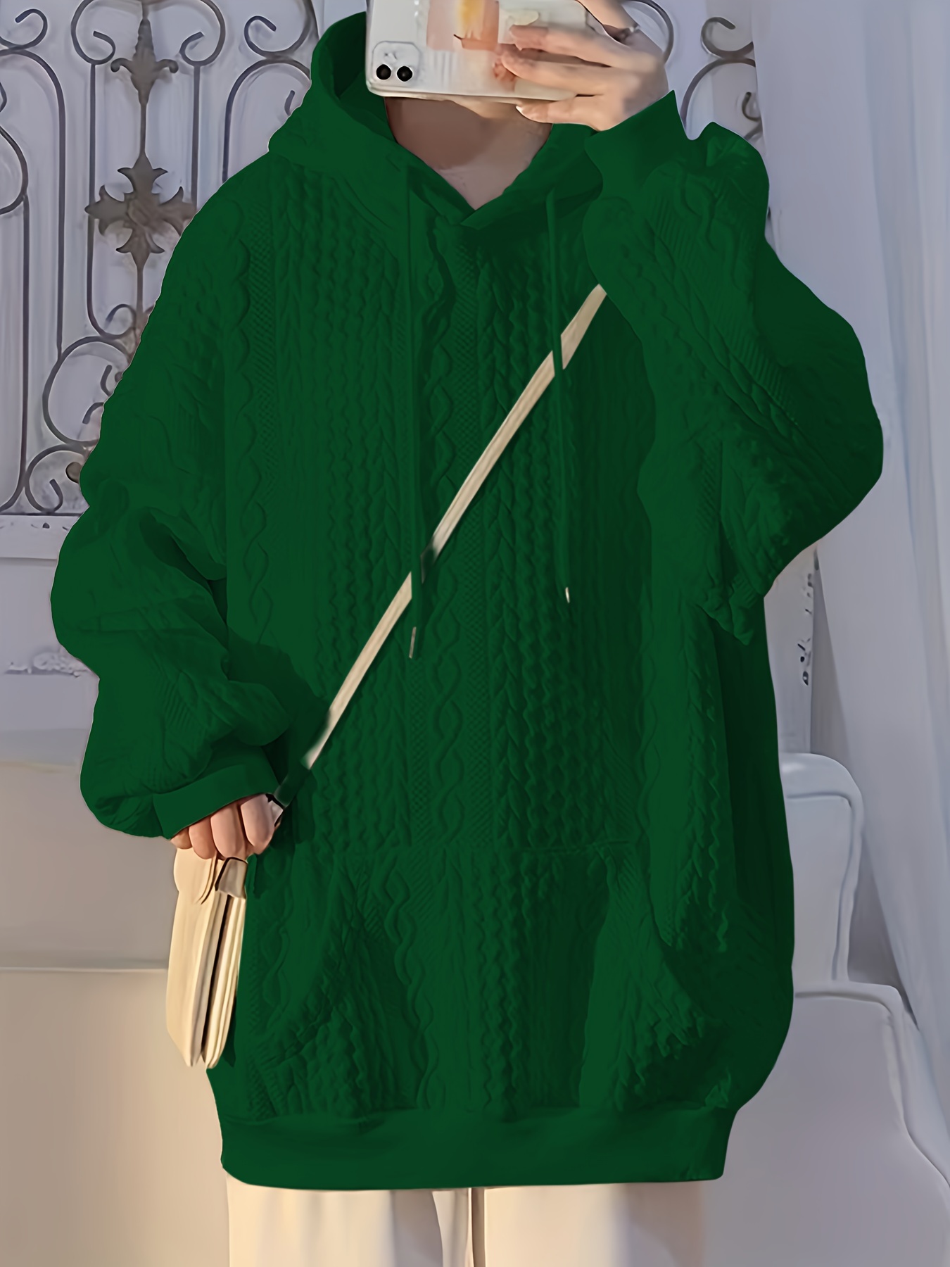solid textured kangaroo pocket hoodie casual long sleeve drawstring hoodies sweatshirt womens clothing details 6