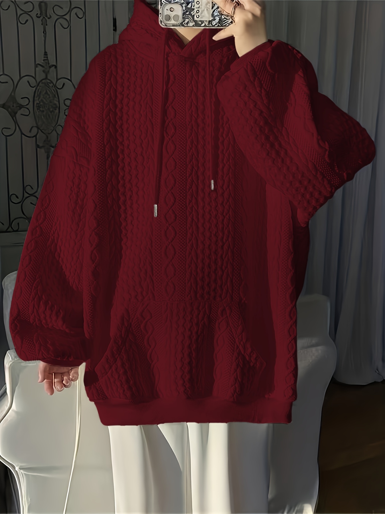 solid textured kangaroo pocket hoodie casual long sleeve drawstring hoodies sweatshirt womens clothing details 9