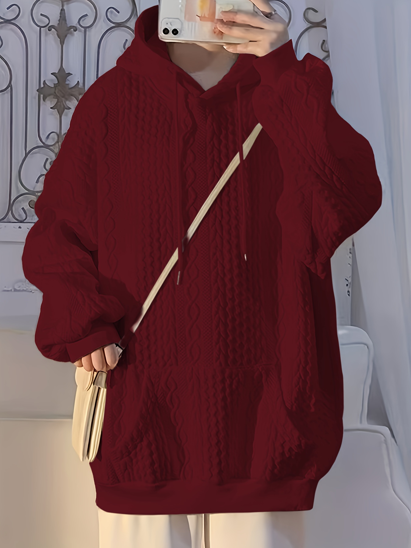 solid textured kangaroo pocket hoodie casual long sleeve drawstring hoodies sweatshirt womens clothing details 13