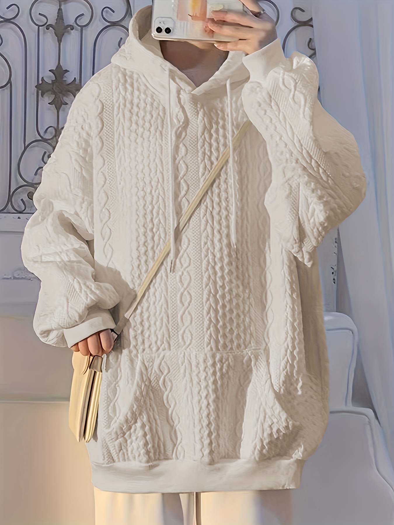 solid textured kangaroo pocket hoodie casual long sleeve drawstring hoodies sweatshirt womens clothing details 20
