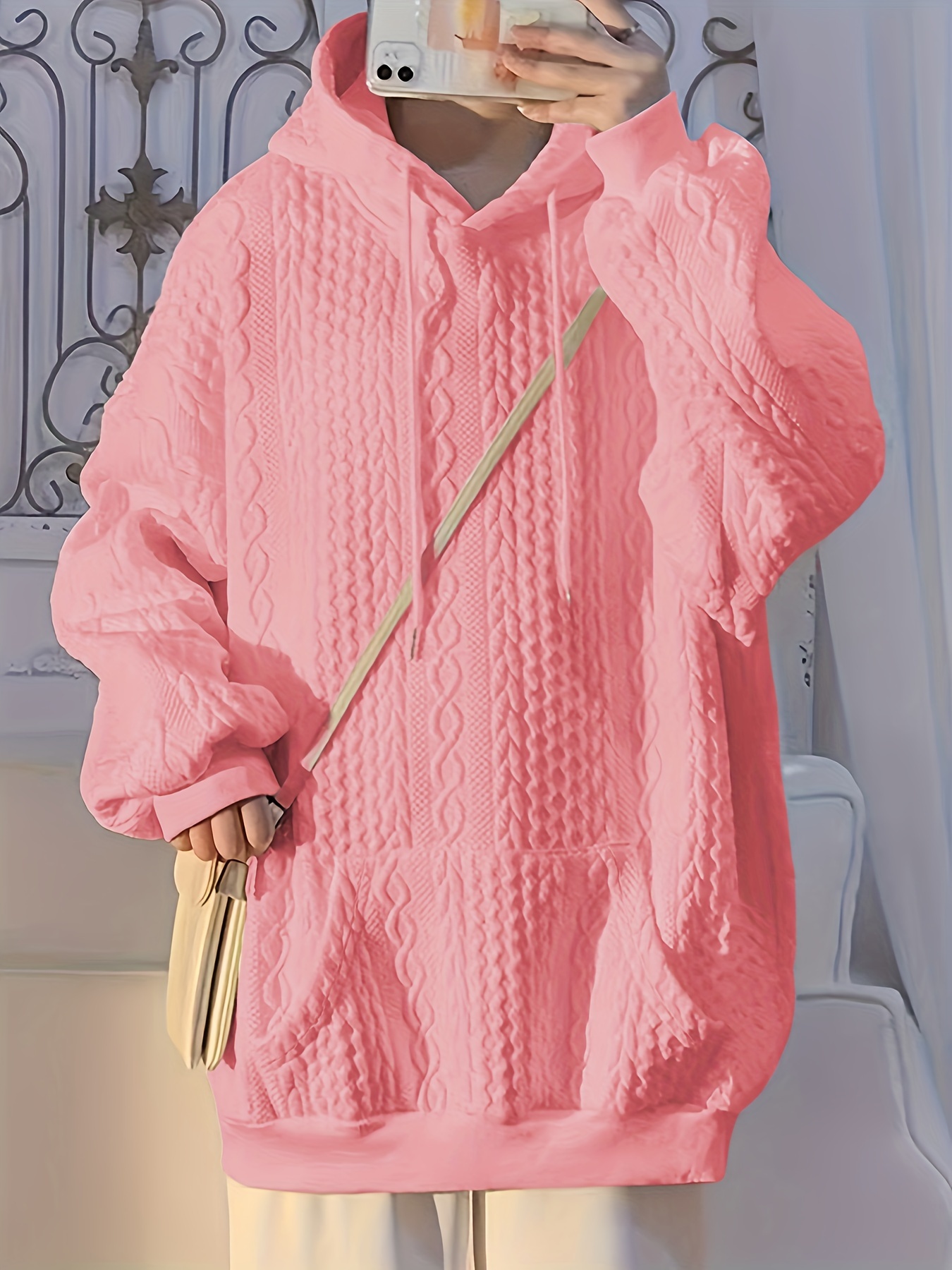 solid textured kangaroo pocket hoodie casual long sleeve drawstring hoodies sweatshirt womens clothing details 27