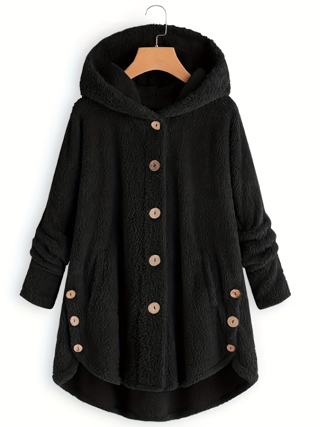 button front teddy bear hoodie casual long sleeve slant pockets plush coat womens clothing details 0