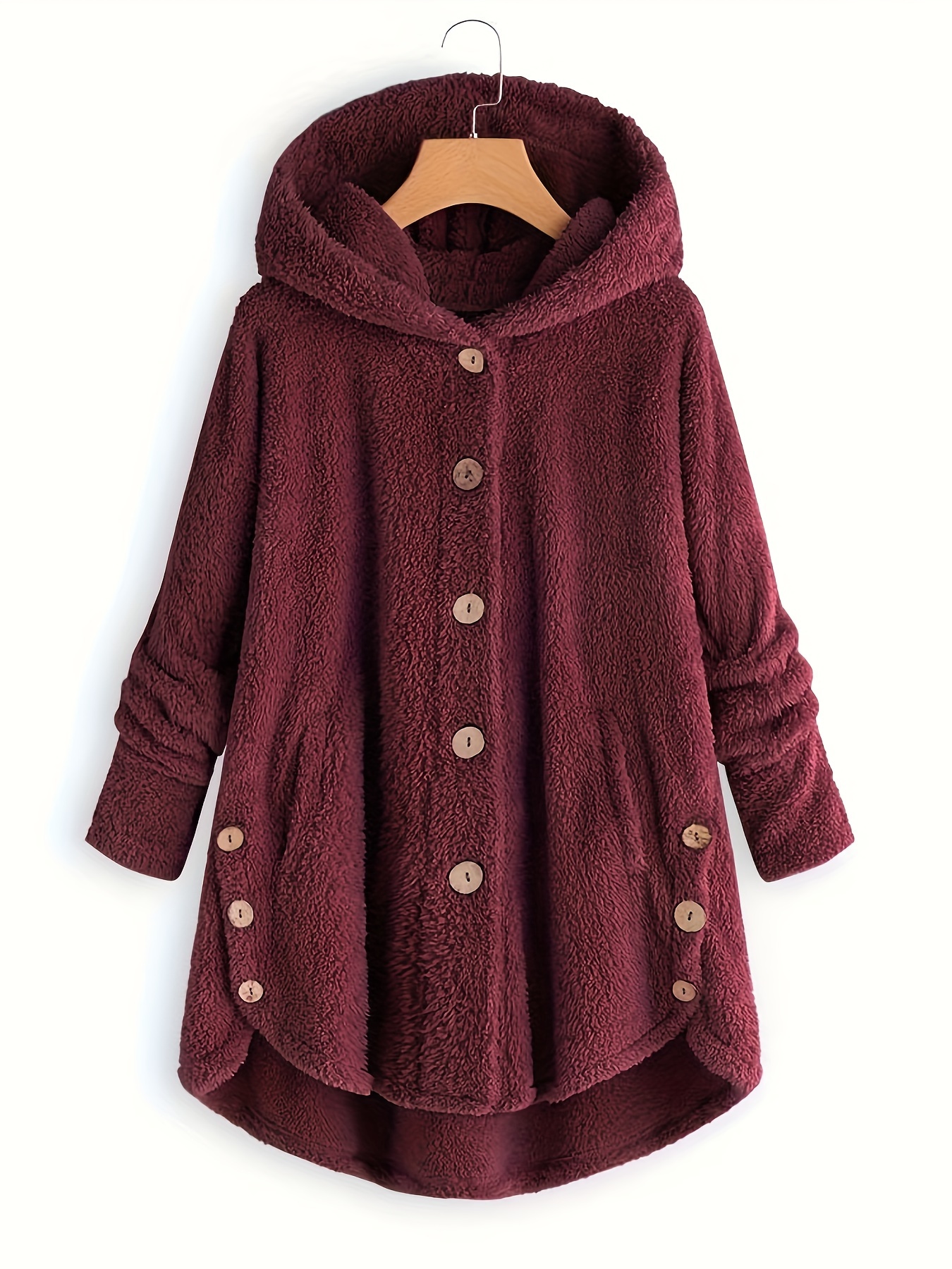 button front teddy bear hoodie casual long sleeve slant pockets plush coat womens clothing details 6