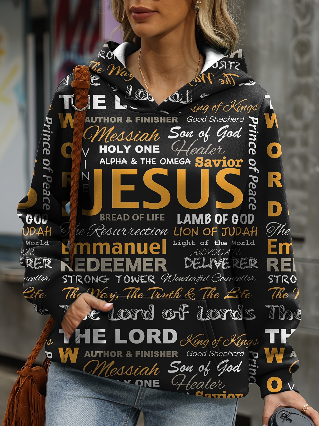 jesus letter print hoodies casual kangaroo pocket long sleeve sweatshirt womens clothing details 3