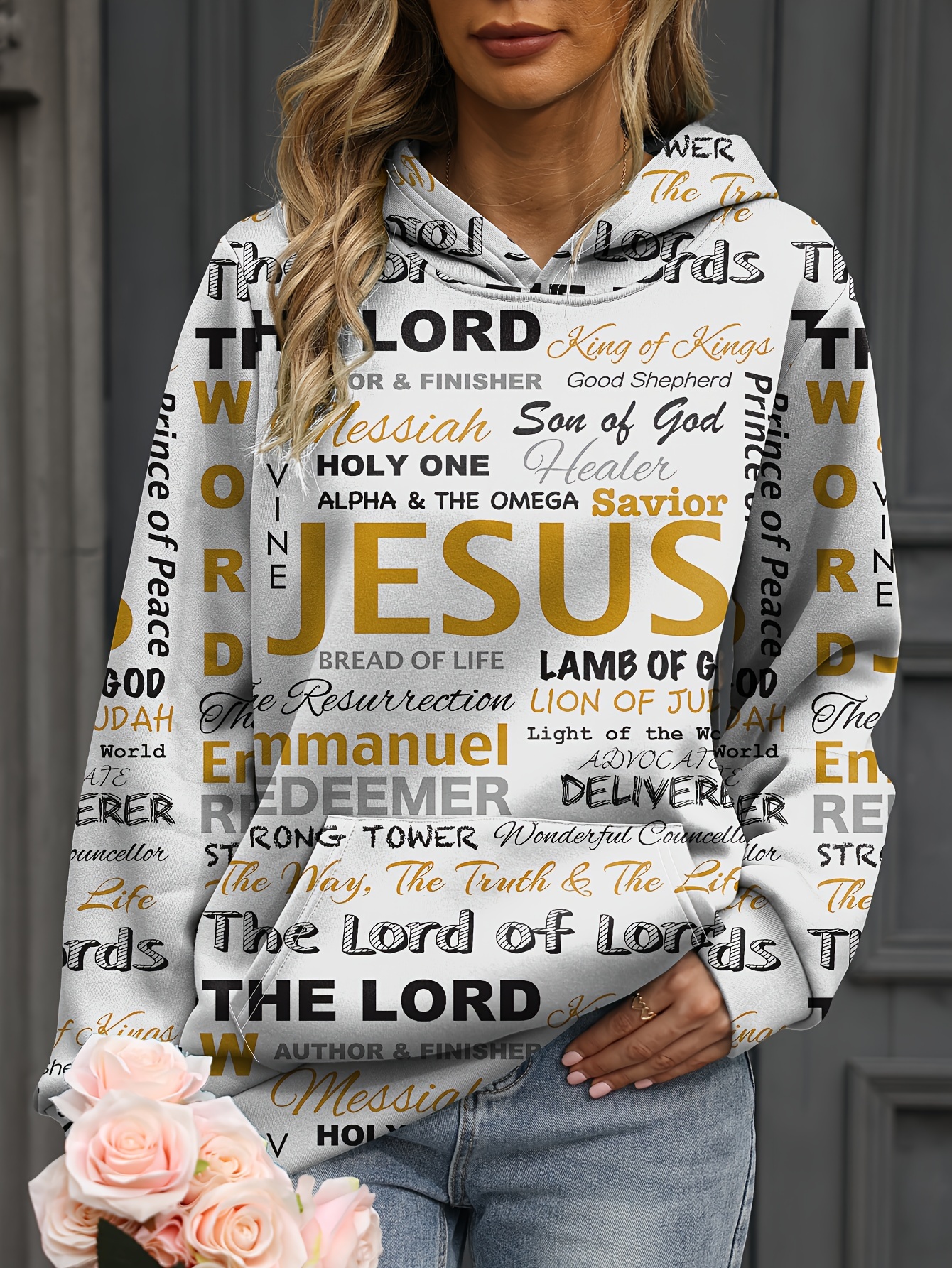 jesus letter print hoodies casual kangaroo pocket long sleeve sweatshirt womens clothing details 5