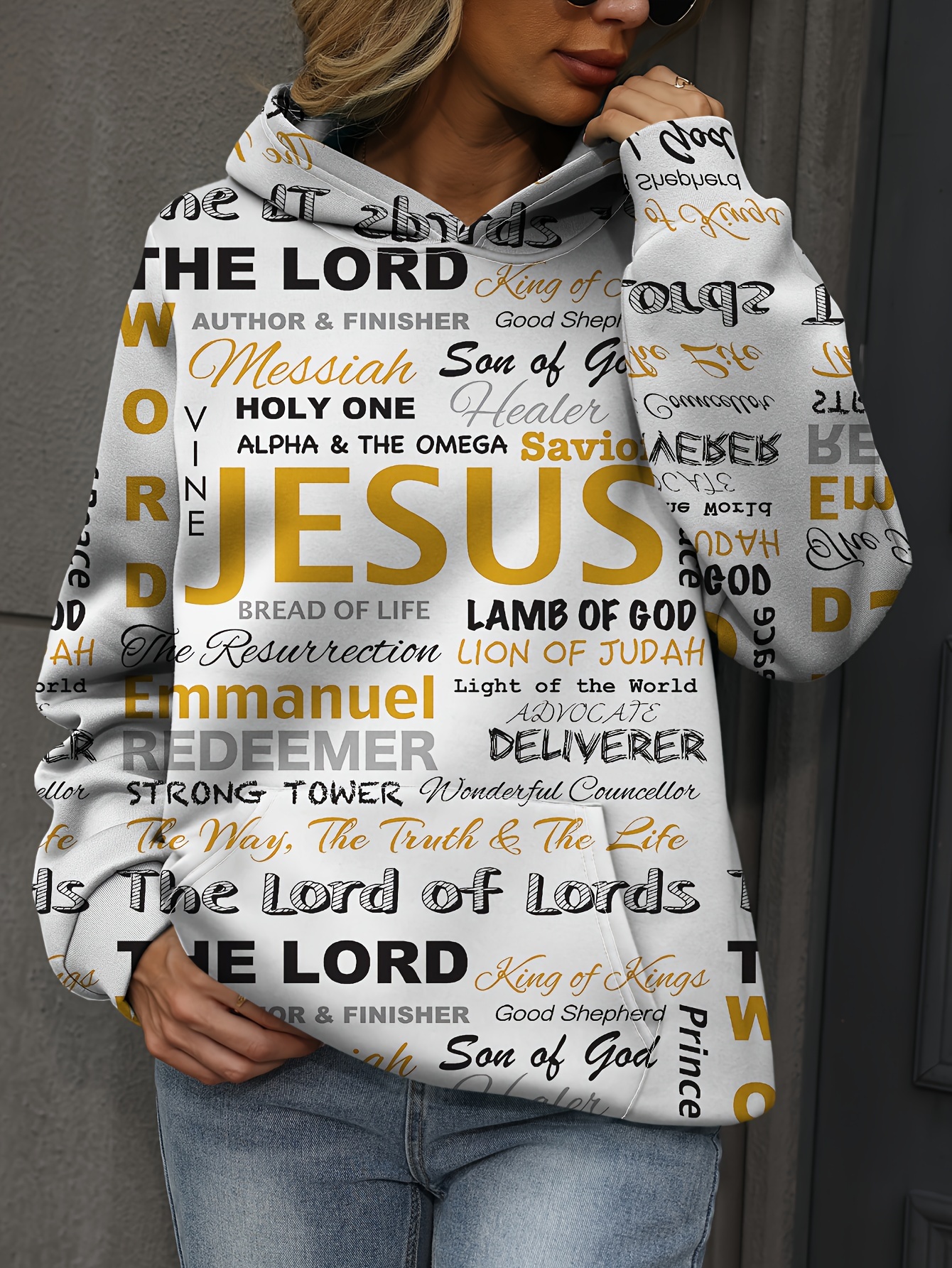 jesus letter print hoodies casual kangaroo pocket long sleeve sweatshirt womens clothing details 7