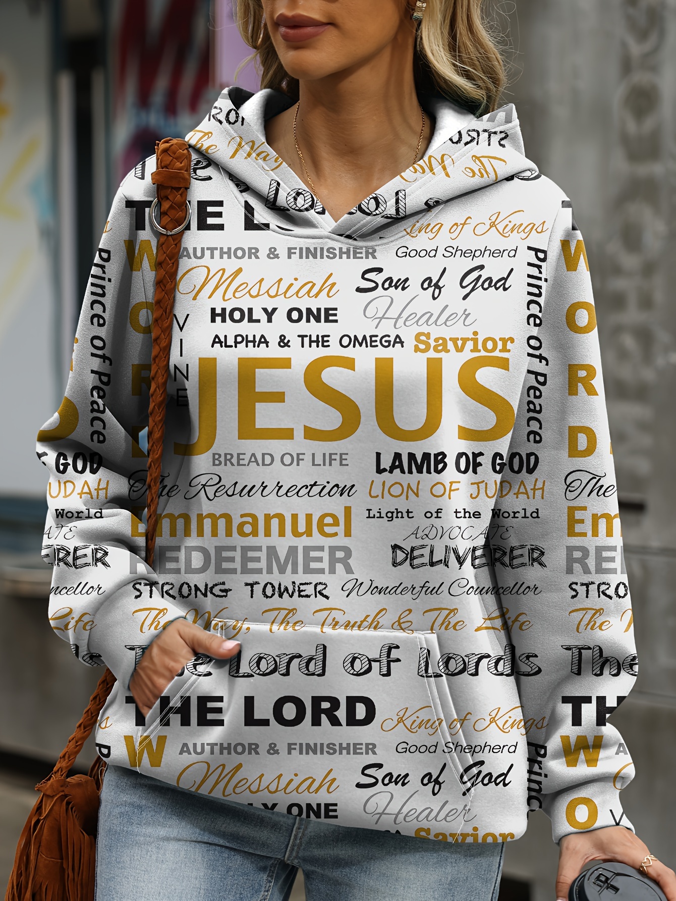 jesus letter print hoodies casual kangaroo pocket long sleeve sweatshirt womens clothing details 8