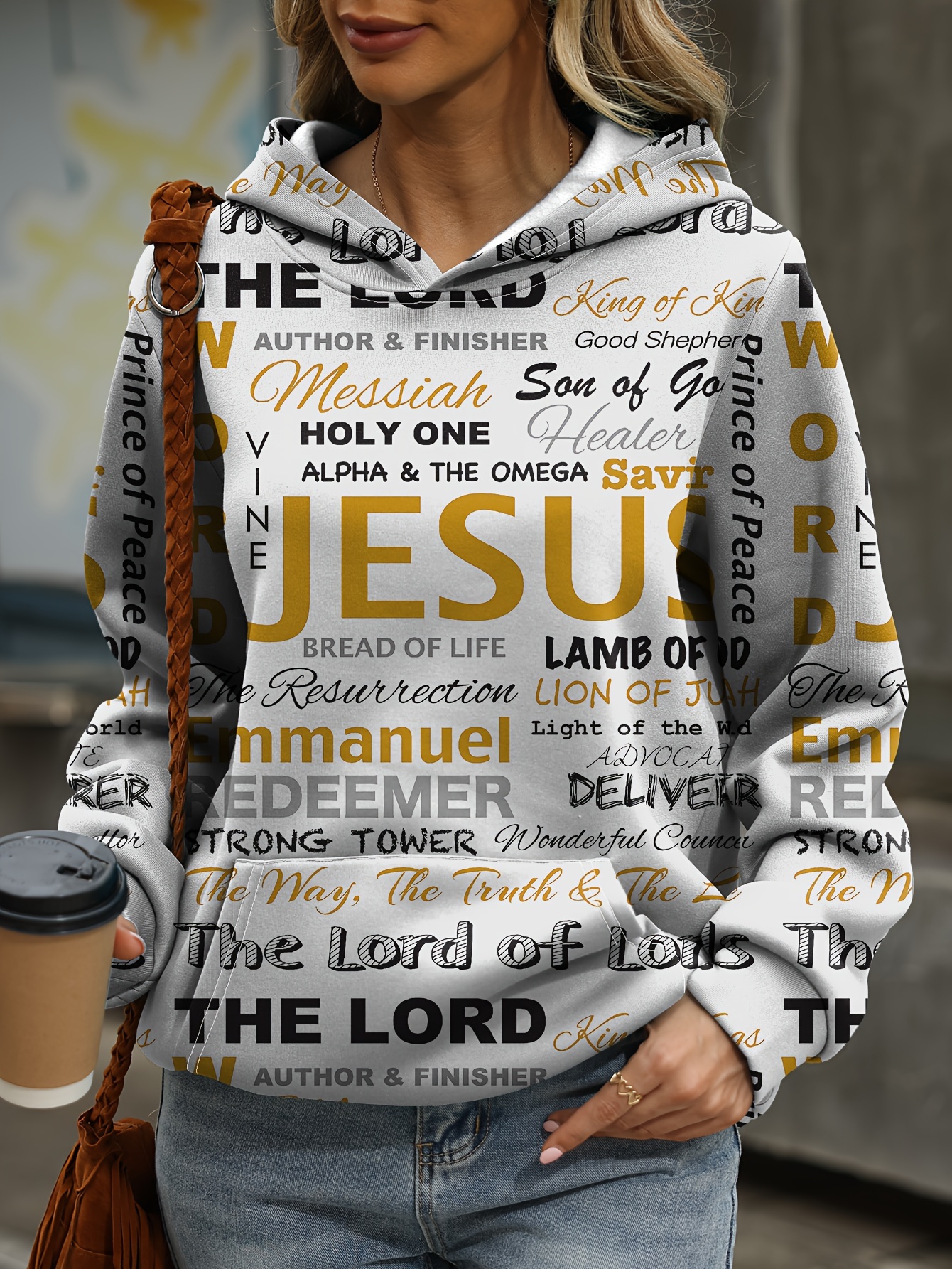 jesus letter print hoodies casual kangaroo pocket long sleeve sweatshirt womens clothing details 9