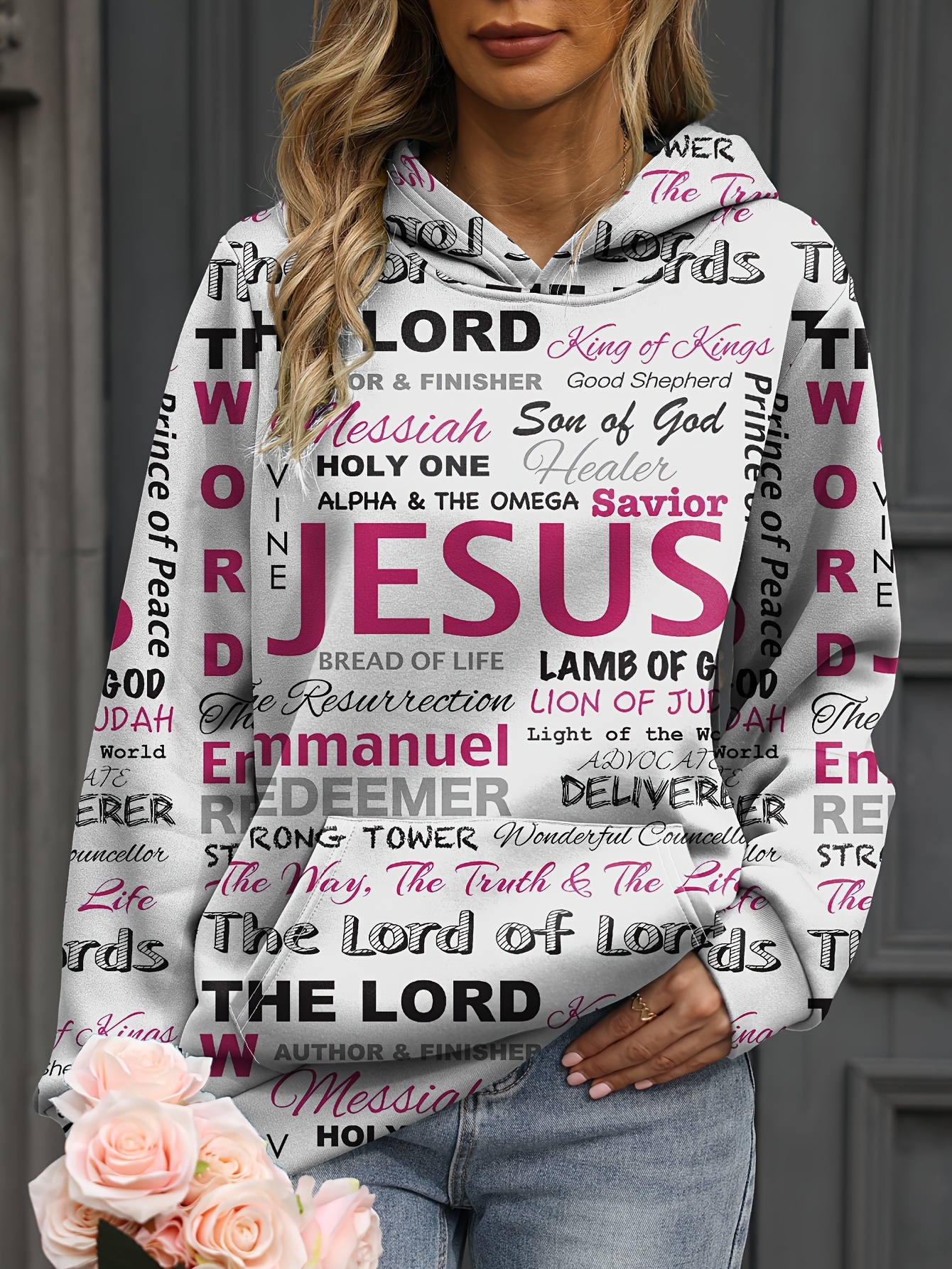 jesus letter print hoodies casual kangaroo pocket long sleeve sweatshirt womens clothing details 10