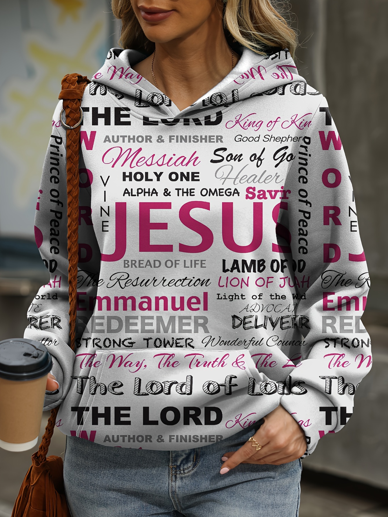 jesus letter print hoodies casual kangaroo pocket long sleeve sweatshirt womens clothing details 12