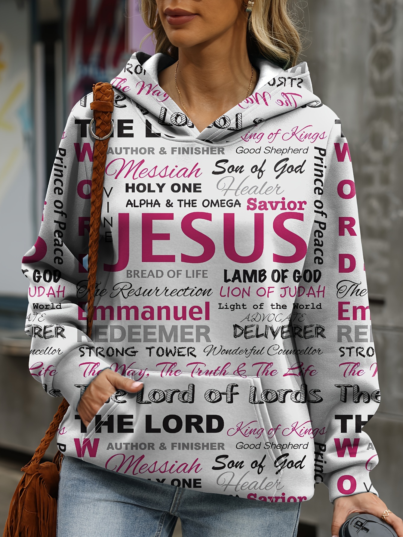 jesus letter print hoodies casual kangaroo pocket long sleeve sweatshirt womens clothing details 14