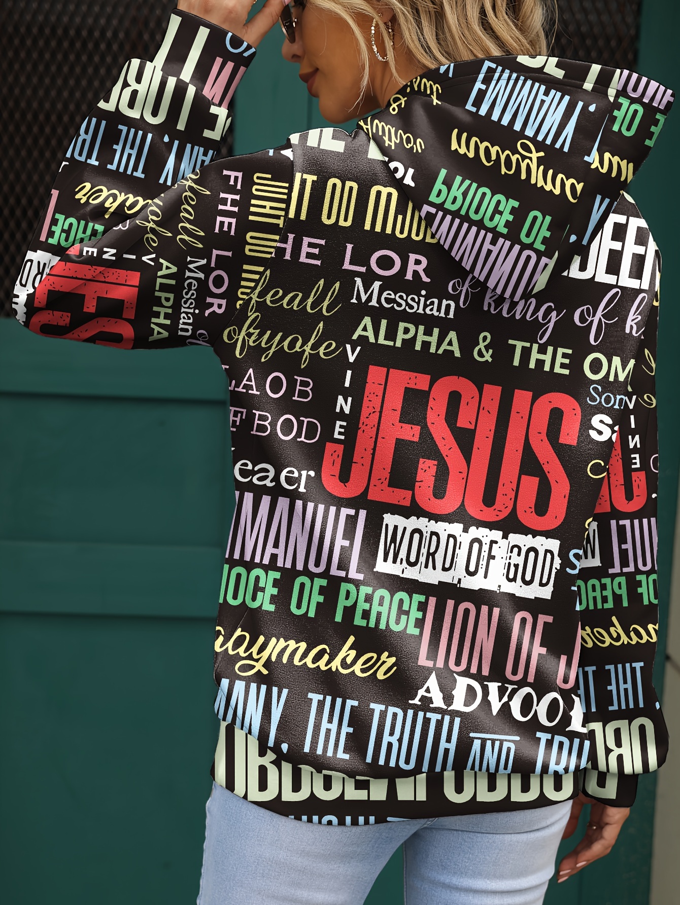 jesus letter print hoodies casual kangaroo pocket long sleeve sweatshirt womens clothing details 16