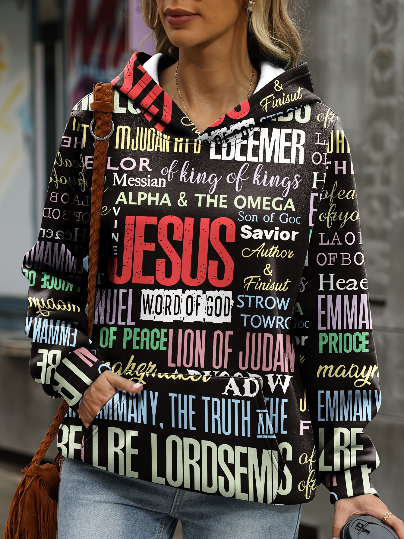jesus letter print hoodies casual kangaroo pocket long sleeve sweatshirt womens clothing details 17