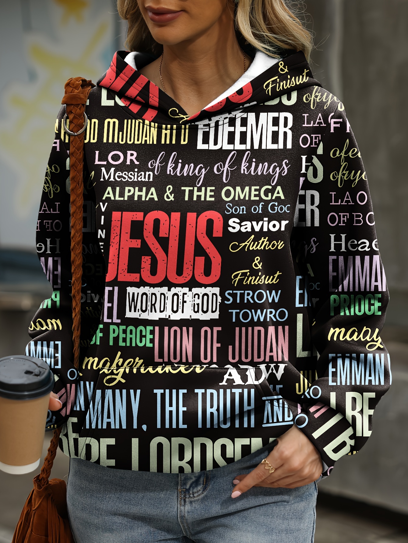 jesus letter print hoodies casual kangaroo pocket long sleeve sweatshirt womens clothing details 19