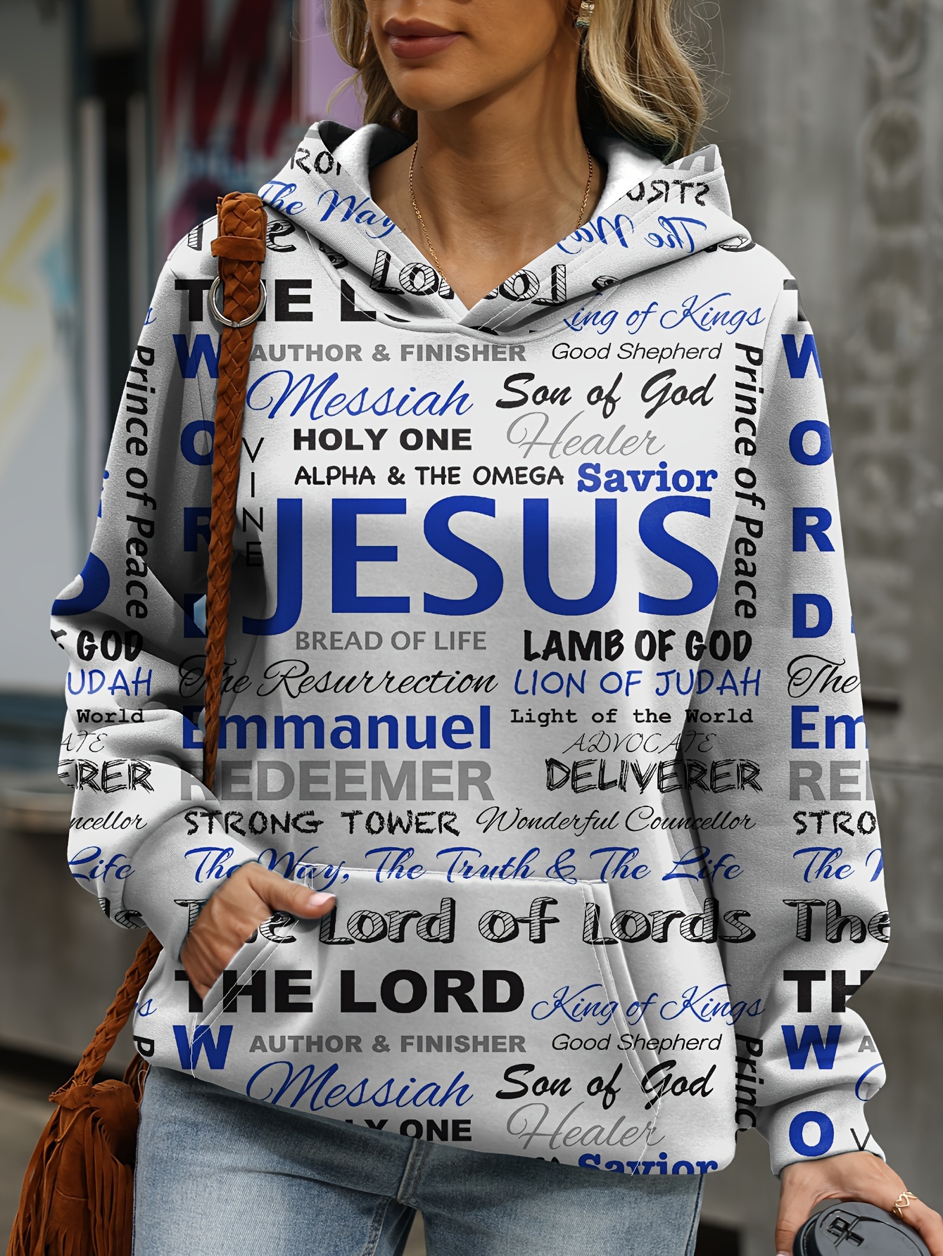 jesus letter print hoodies casual kangaroo pocket long sleeve sweatshirt womens clothing details 20