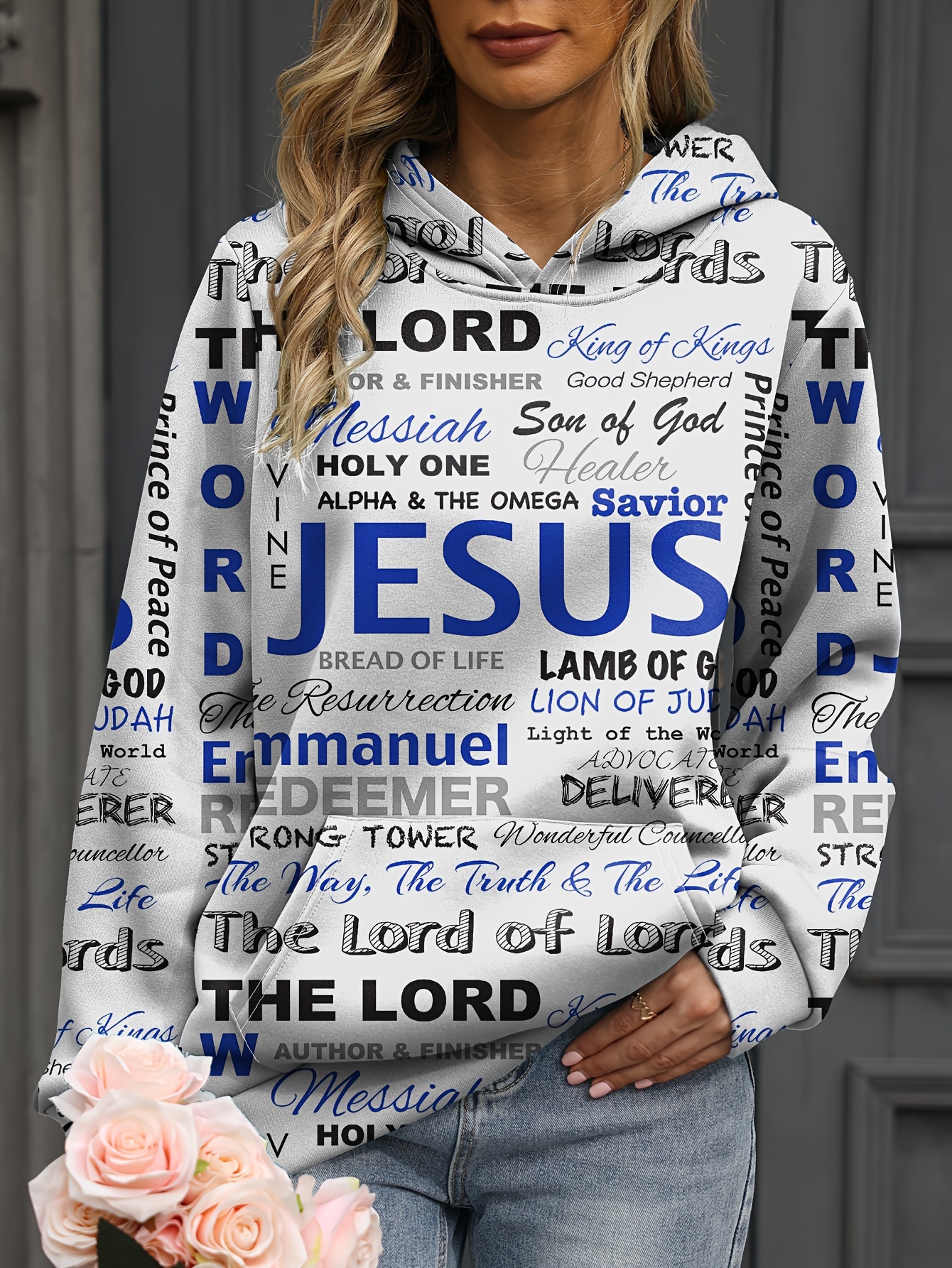 jesus letter print hoodies casual kangaroo pocket long sleeve sweatshirt womens clothing details 22