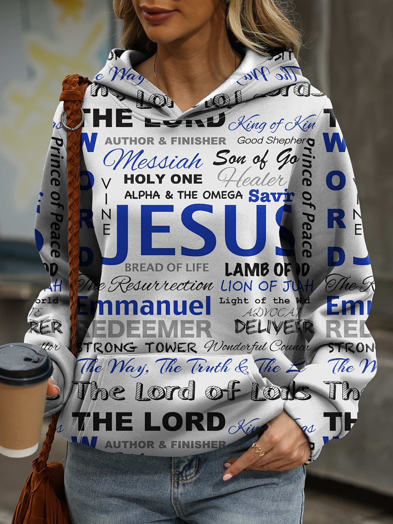 jesus letter print hoodies casual kangaroo pocket long sleeve sweatshirt womens clothing details 23