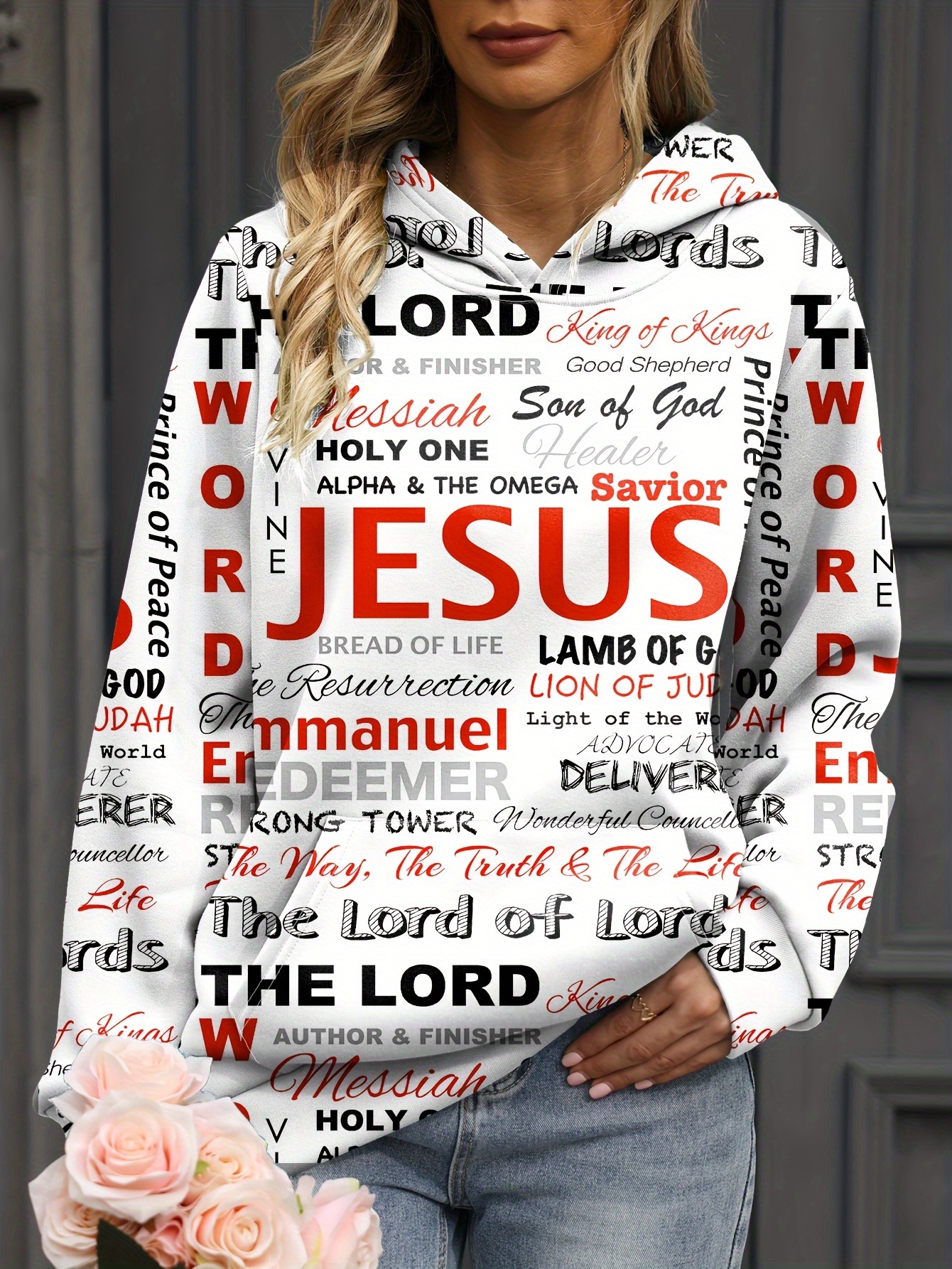 jesus letter print hoodies casual kangaroo pocket long sleeve sweatshirt womens clothing details 26