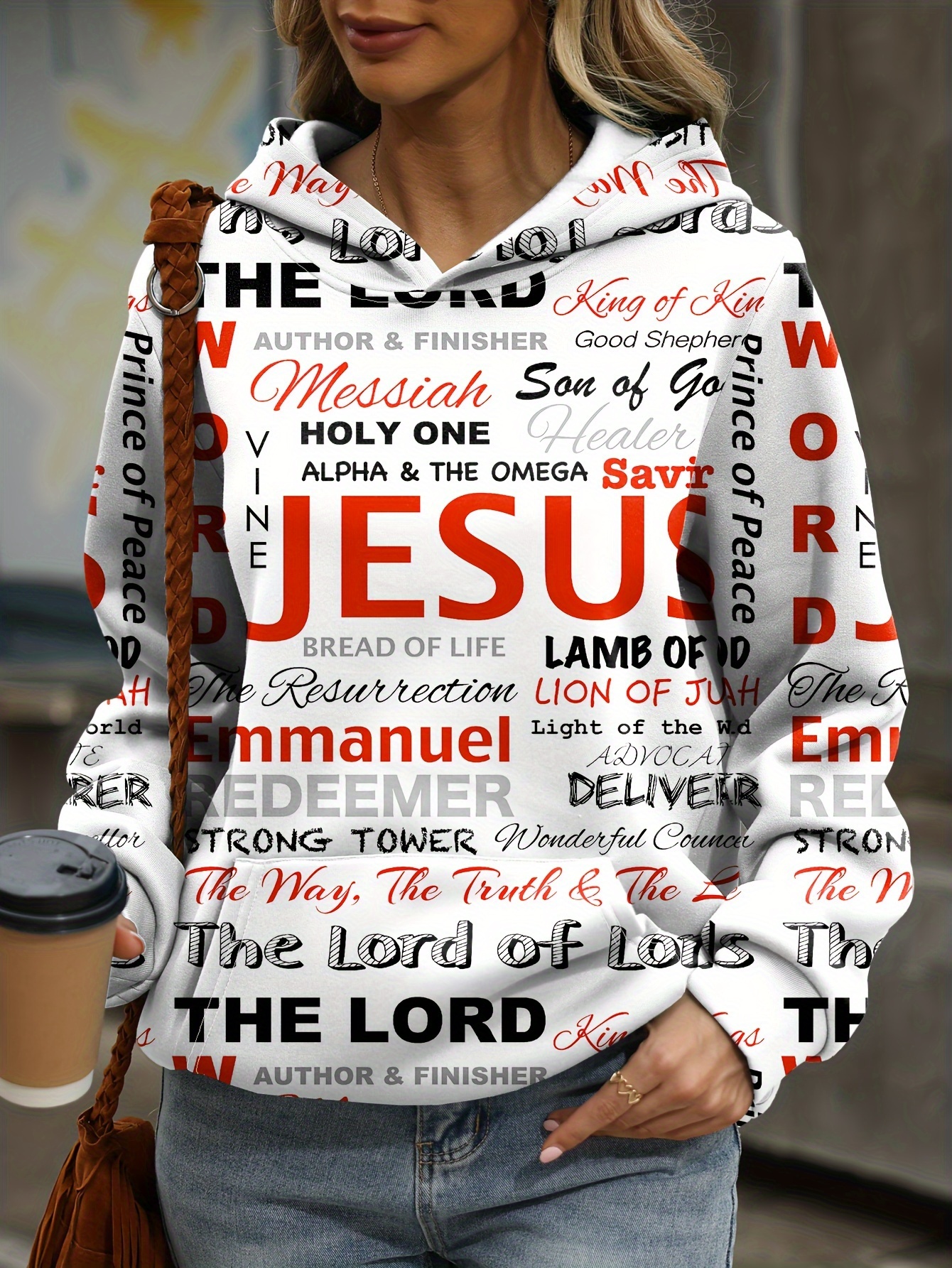 jesus letter print hoodies casual kangaroo pocket long sleeve sweatshirt womens clothing details 28