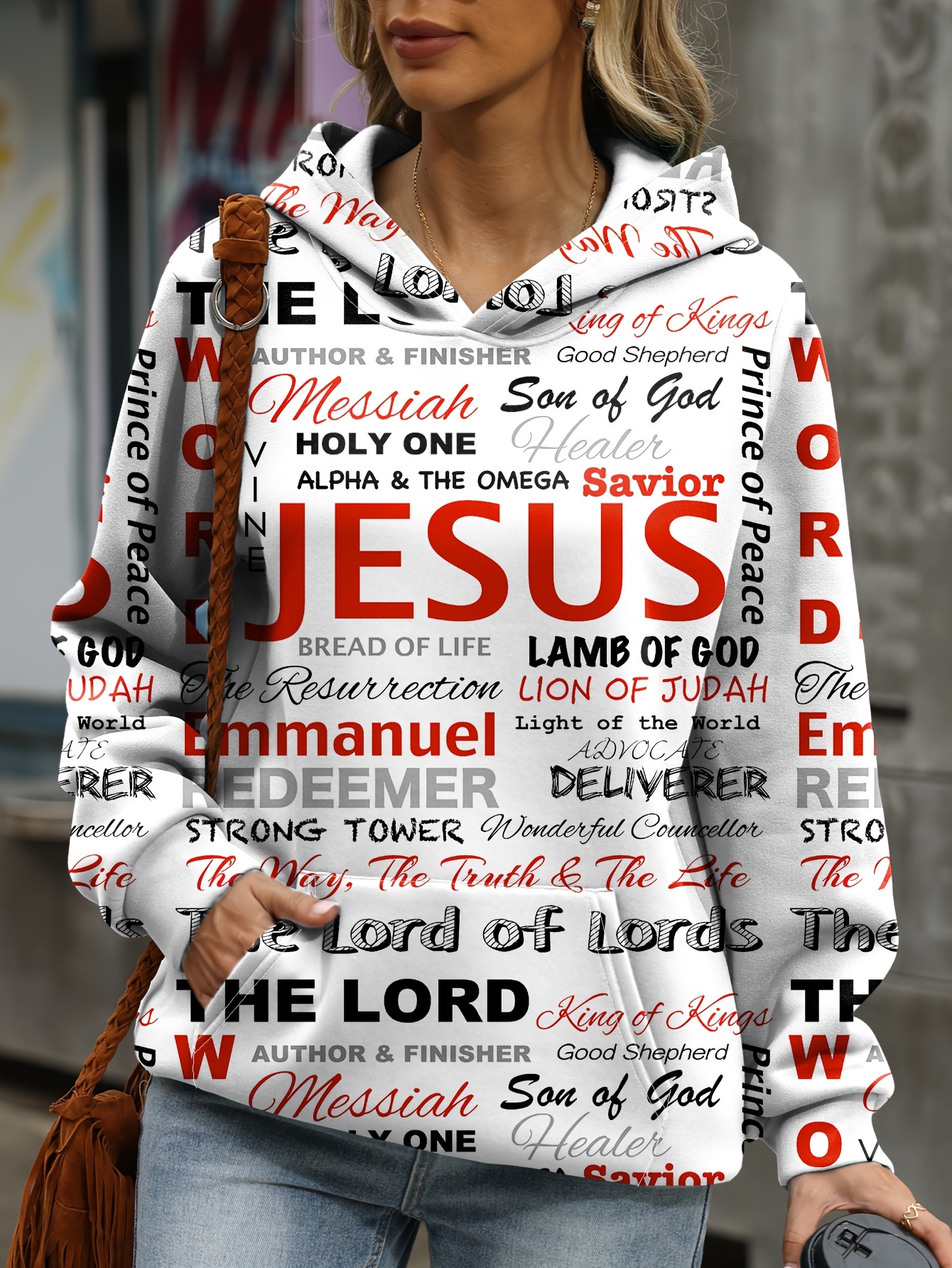 jesus letter print hoodies casual kangaroo pocket long sleeve sweatshirt womens clothing details 29
