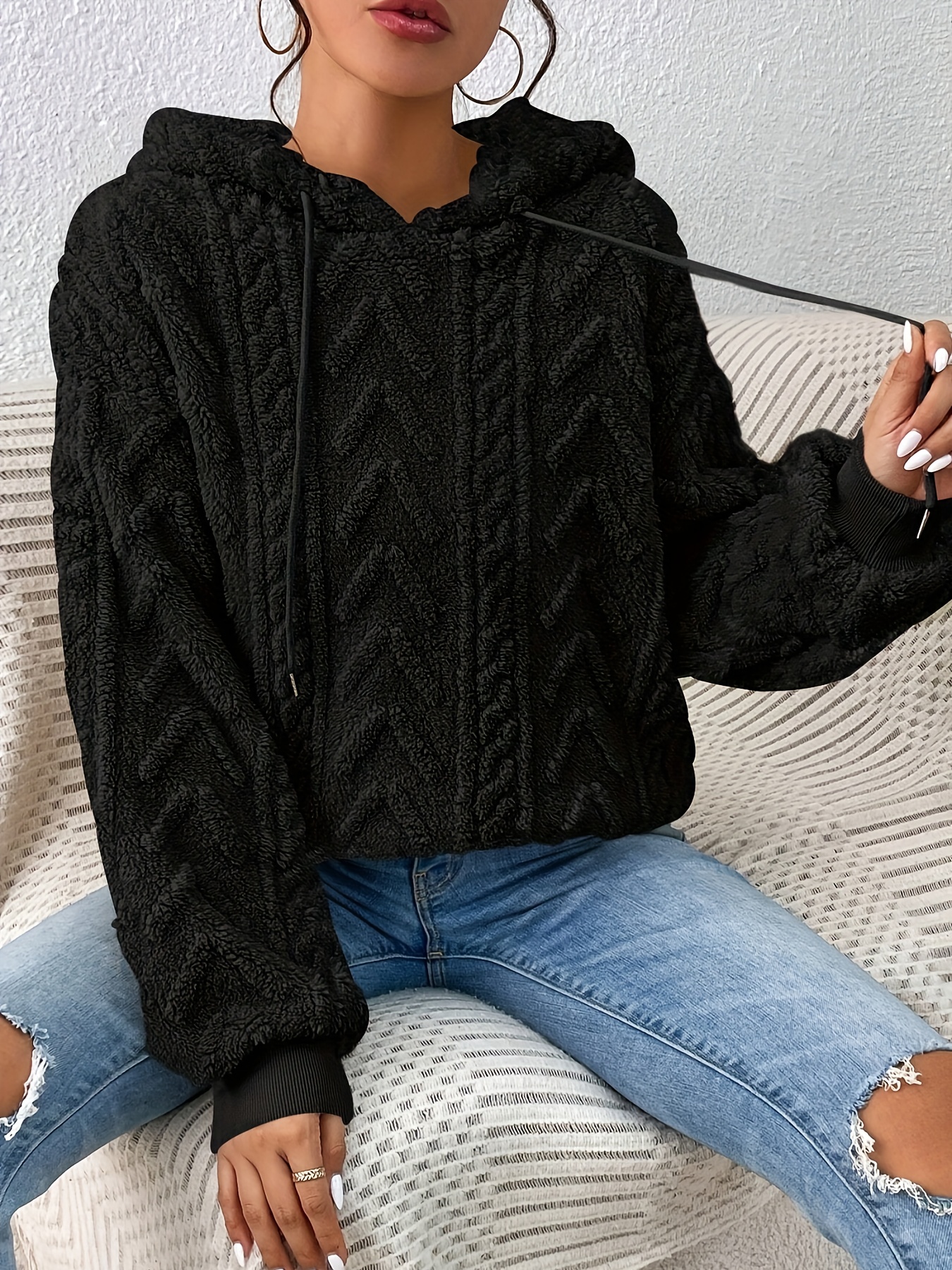 drawstring teddy hoodies casual long sleeve solid sweatshirt womens clothing details 1