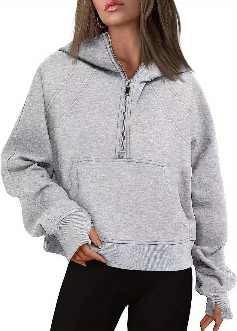 solid half zip kangaroo pockets hoodie casual long sleeve hoodie for spring fall womens clothing details 0