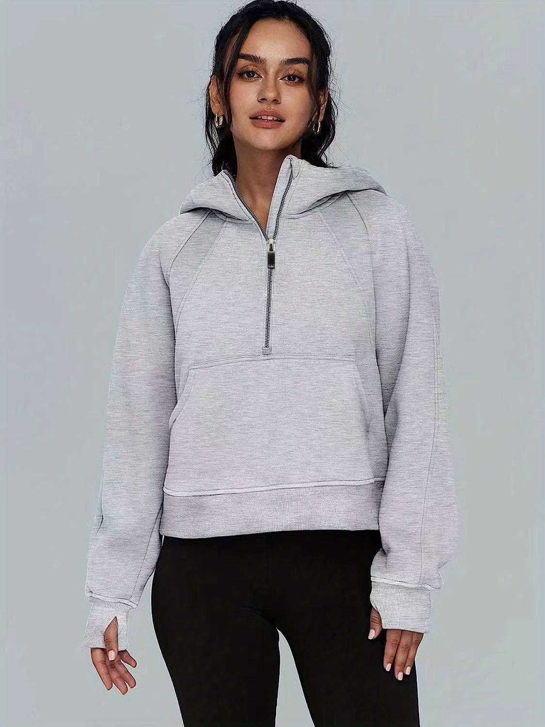 solid half zip kangaroo pockets hoodie casual long sleeve hoodie for spring fall womens clothing details 2