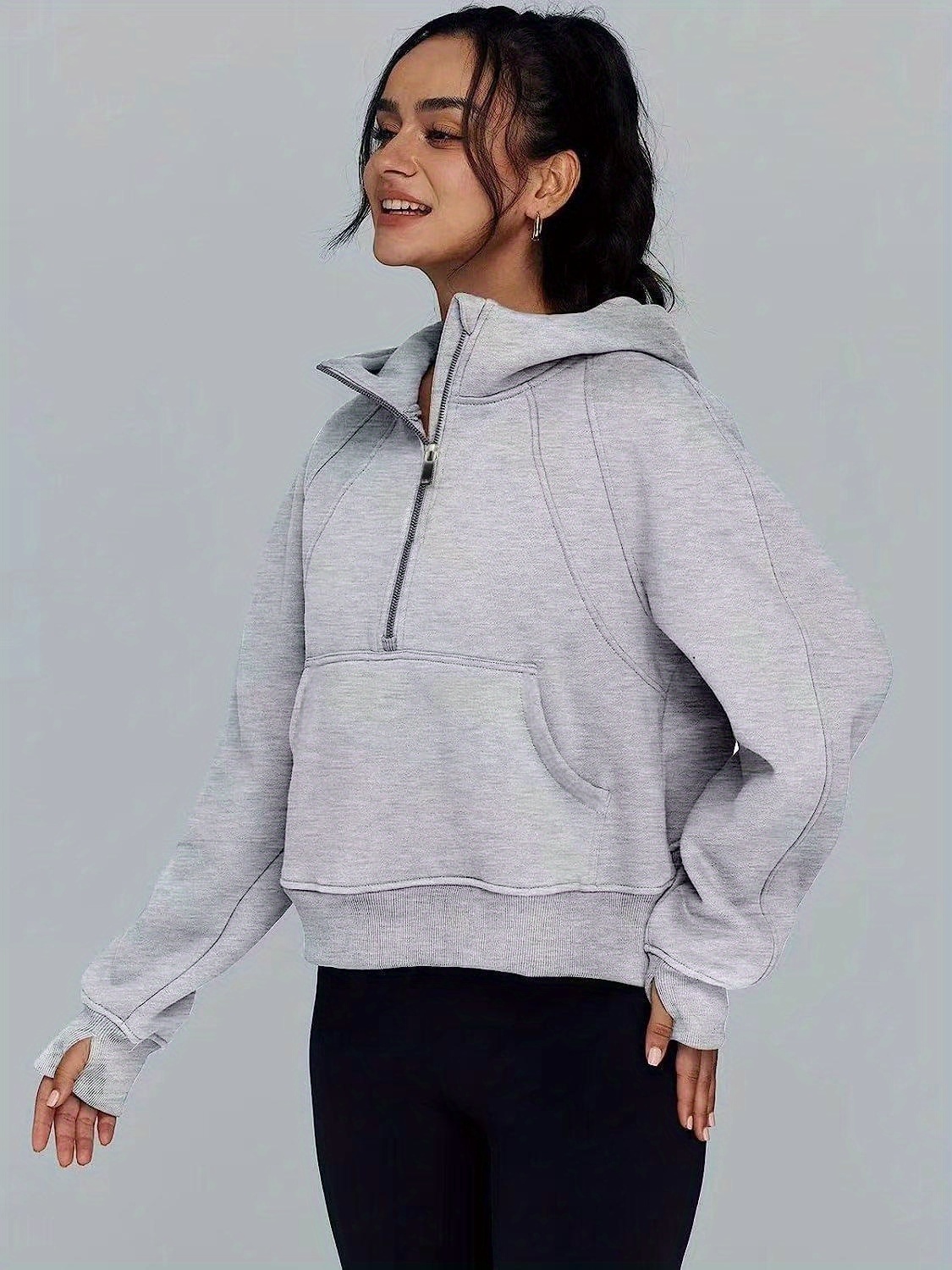 solid half zip kangaroo pockets hoodie casual long sleeve hoodie for spring fall womens clothing details 4