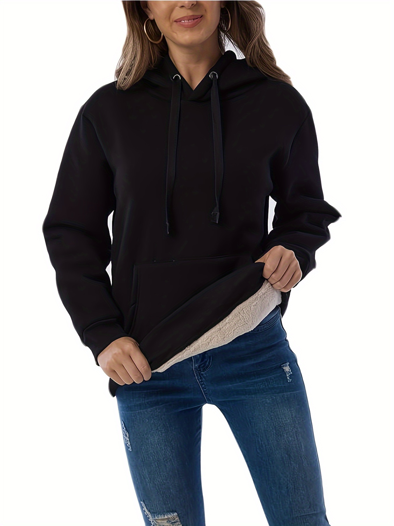 solid fleece drawstring hoodie casual long sleeve warm sweatshirt for fall winter womens clothing details 4