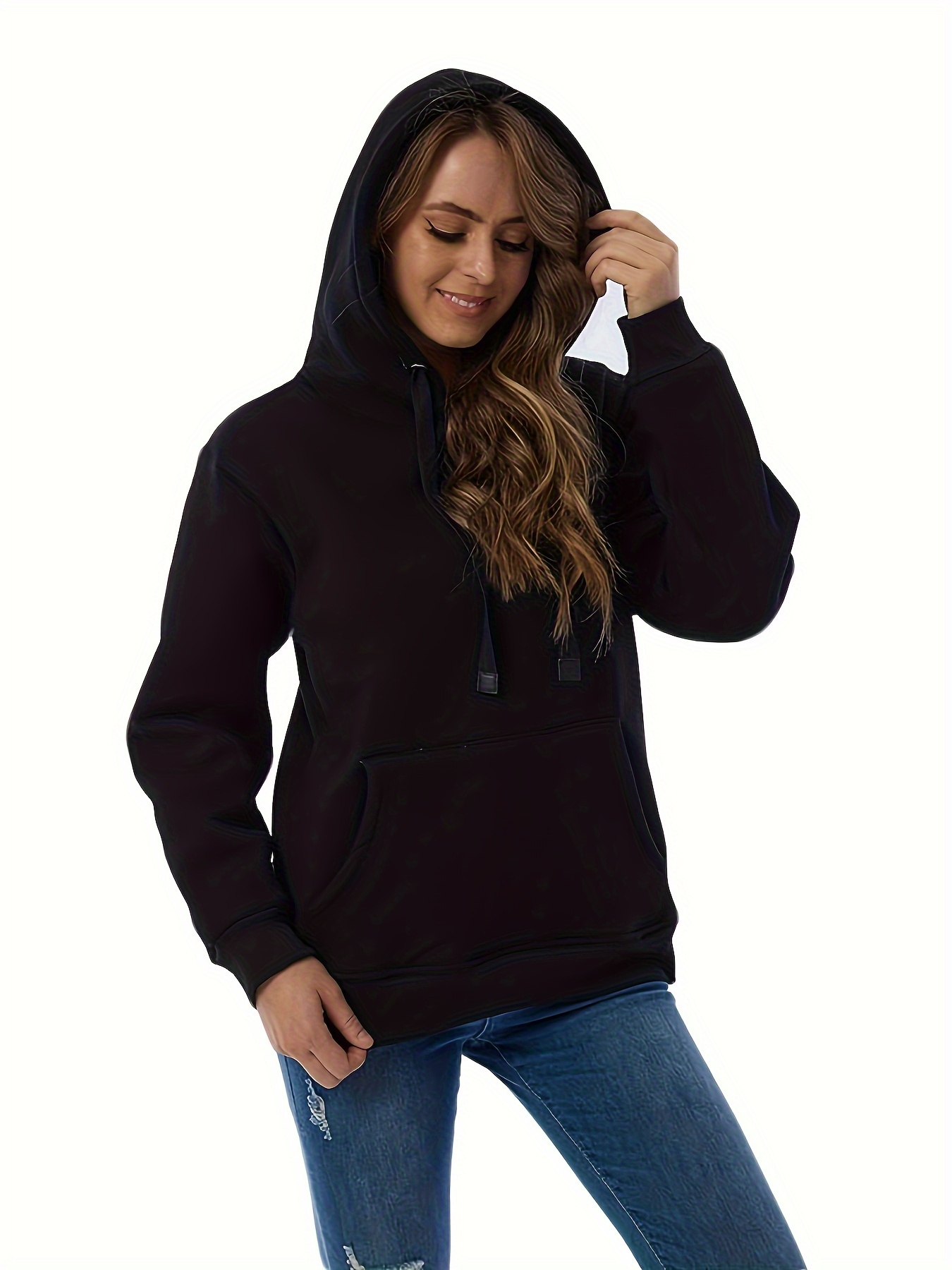 solid fleece drawstring hoodie casual long sleeve warm sweatshirt for fall winter womens clothing details 5