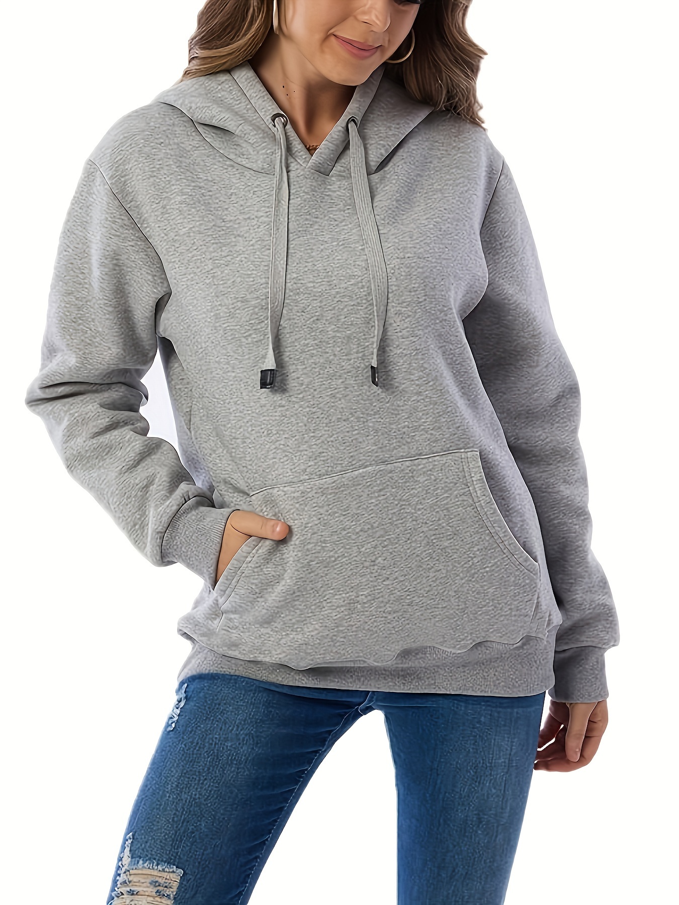 solid fleece drawstring hoodie casual long sleeve warm sweatshirt for fall winter womens clothing details 7