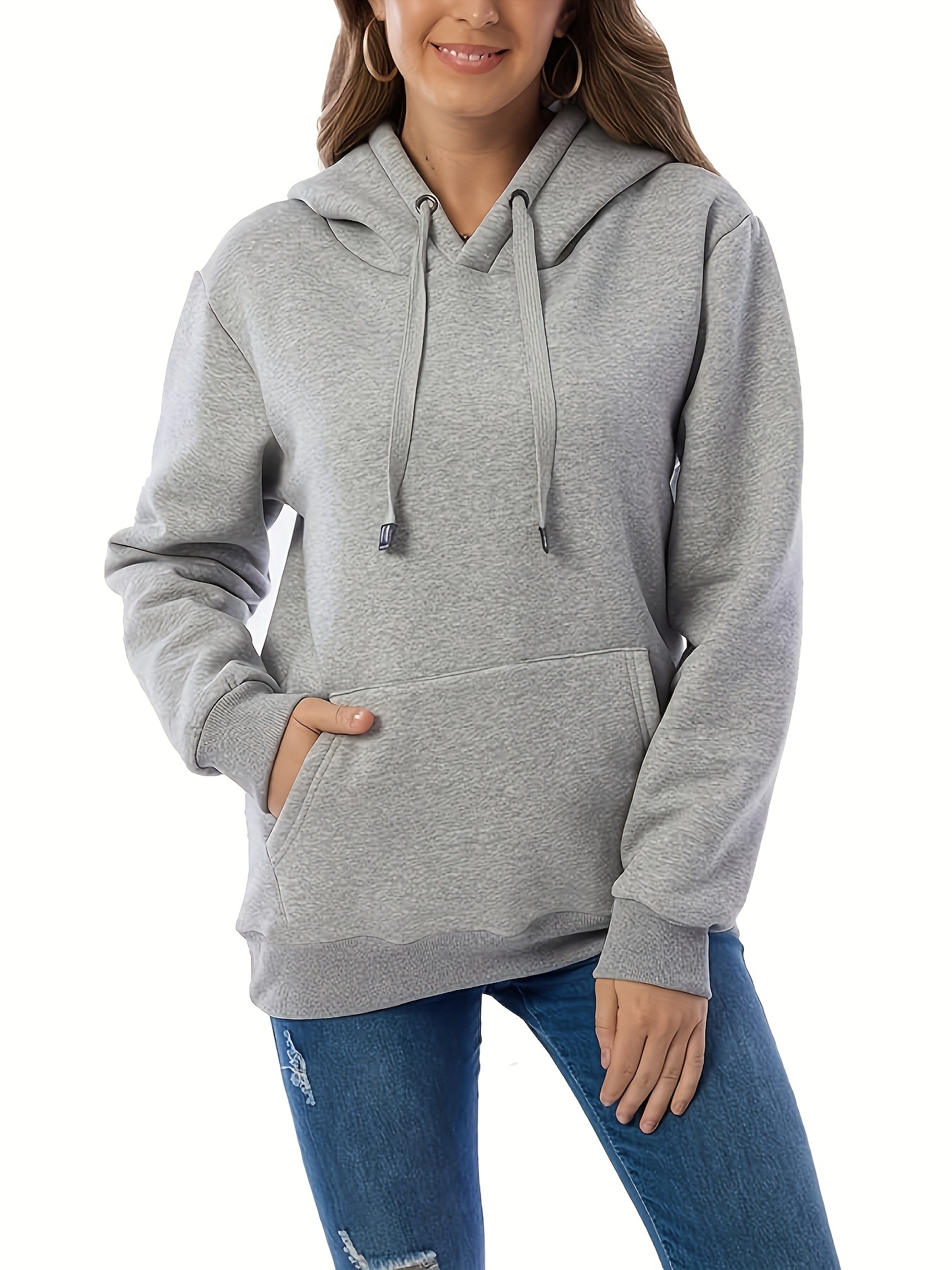 solid fleece drawstring hoodie casual long sleeve warm sweatshirt for fall winter womens clothing details 8