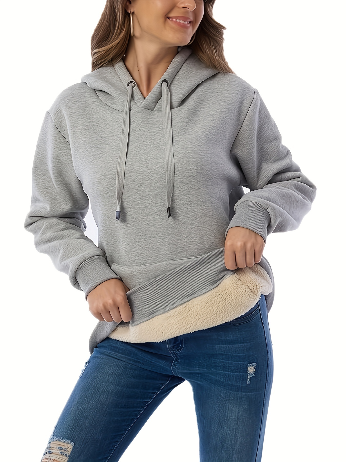 solid fleece drawstring hoodie casual long sleeve warm sweatshirt for fall winter womens clothing details 10