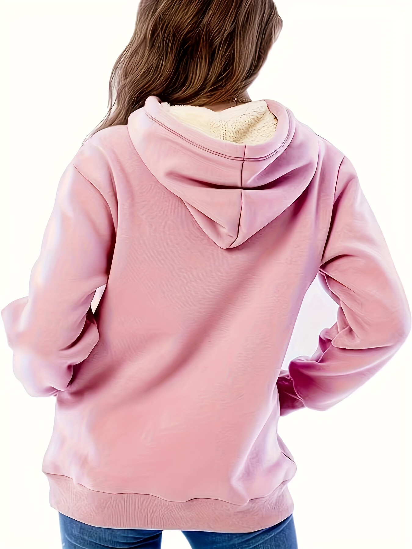 solid fleece drawstring hoodie casual long sleeve warm sweatshirt for fall winter womens clothing details 12