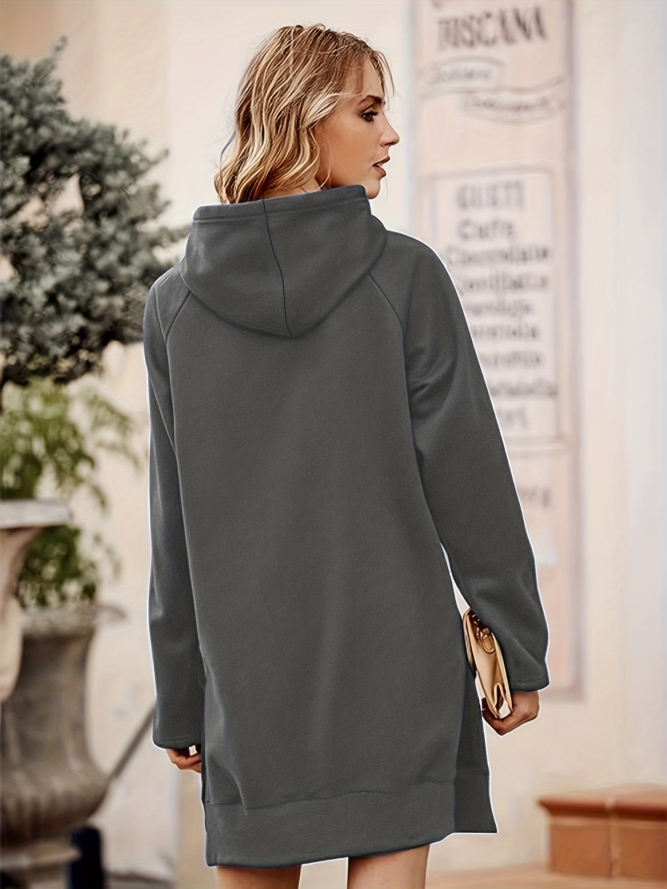 solid kangaroo pocket long length hoodie casual long sleeve drawstring hoodies sweatshirt womens clothing details 1