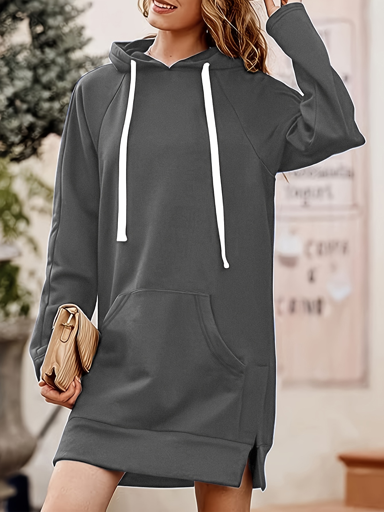 solid kangaroo pocket long length hoodie casual long sleeve drawstring hoodies sweatshirt womens clothing details 2