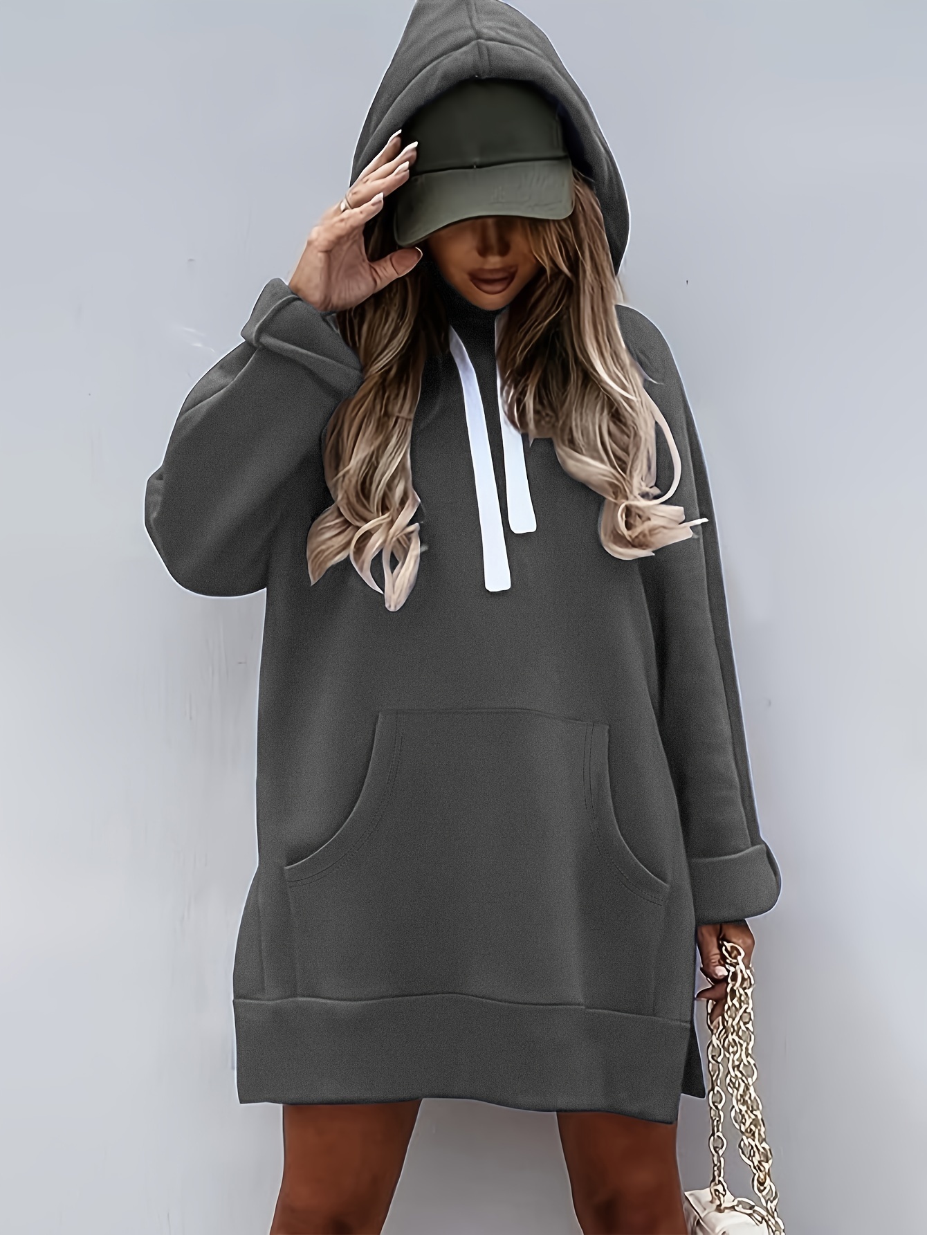 solid kangaroo pocket long length hoodie casual long sleeve drawstring hoodies sweatshirt womens clothing details 4