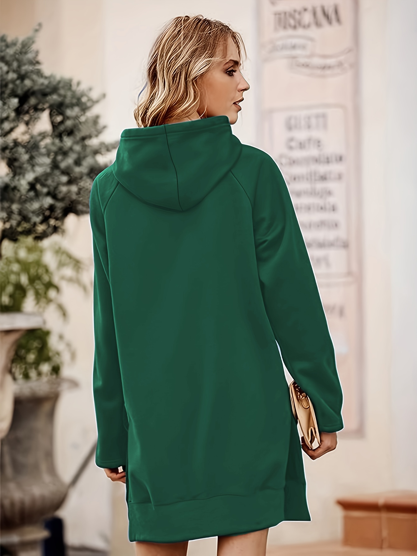 solid kangaroo pocket long length hoodie casual long sleeve drawstring hoodies sweatshirt womens clothing details 6