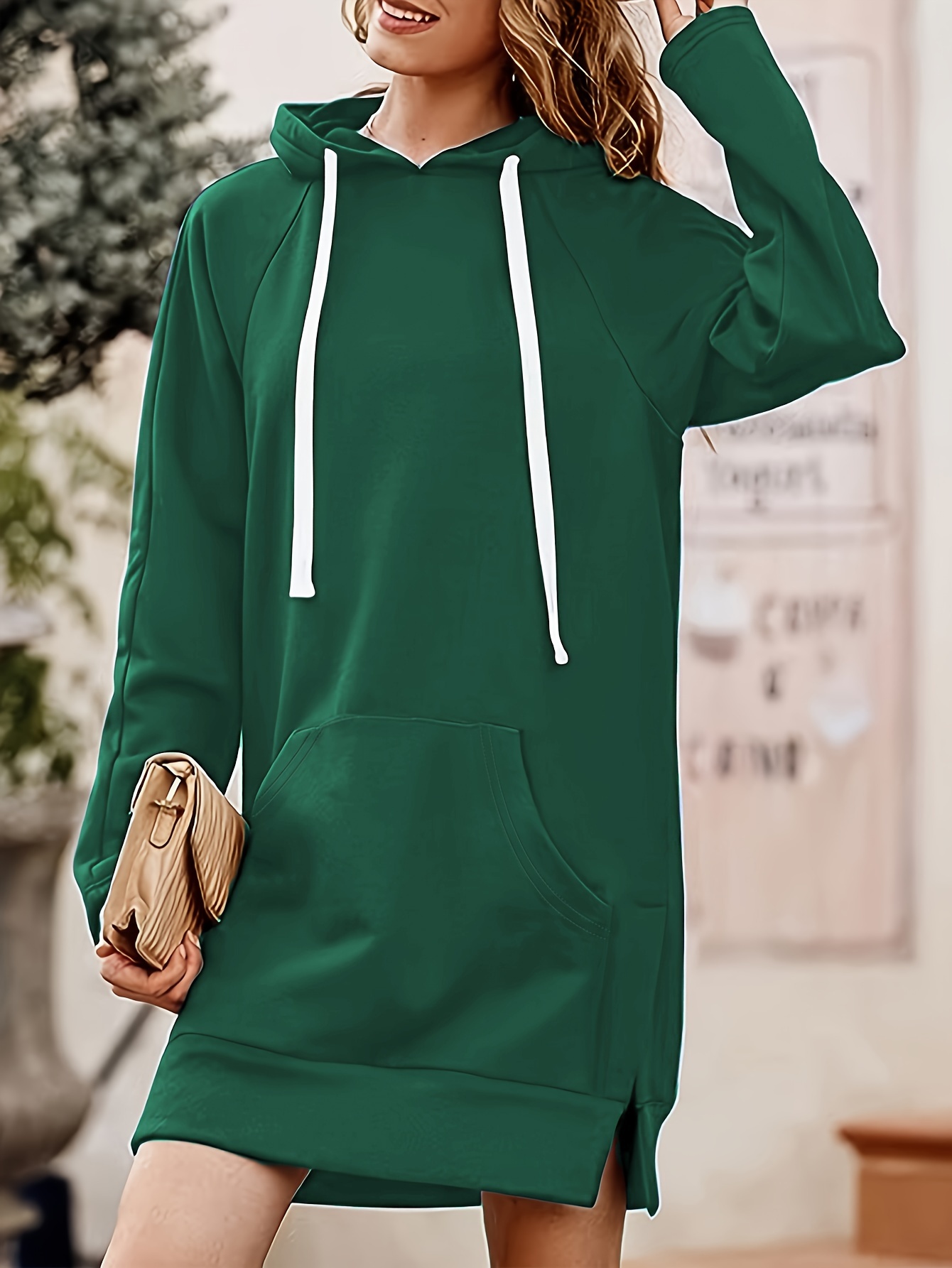solid kangaroo pocket long length hoodie casual long sleeve drawstring hoodies sweatshirt womens clothing details 7